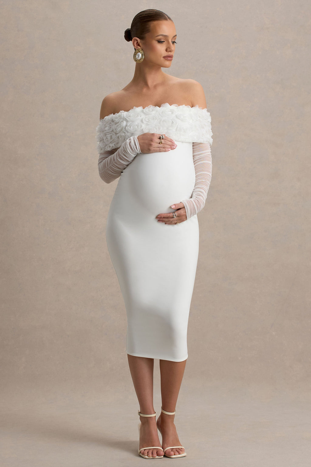 Adita | White Mesh Floral Bardot Maternity Midi Dress