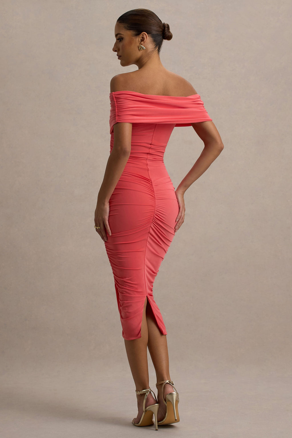 Unwrapped | Coral Ruched Twist Bardot Midi Dress