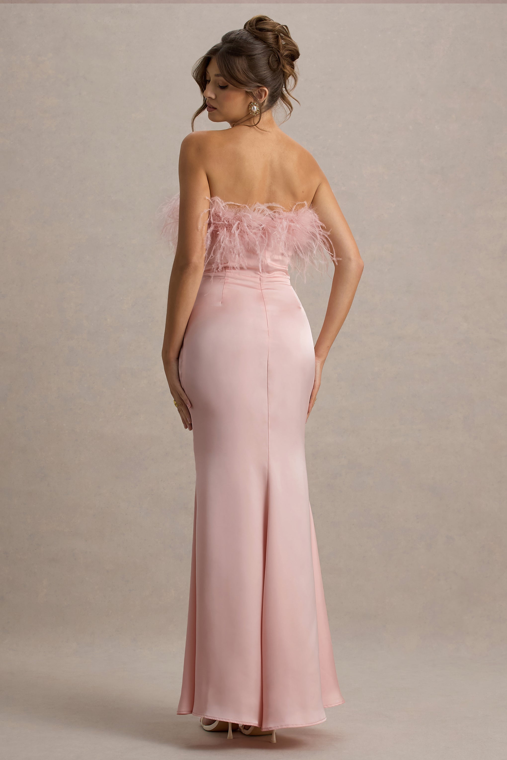 Dress For It | Pale Pink Satin Feather Trim Bandeau Maxi Dress