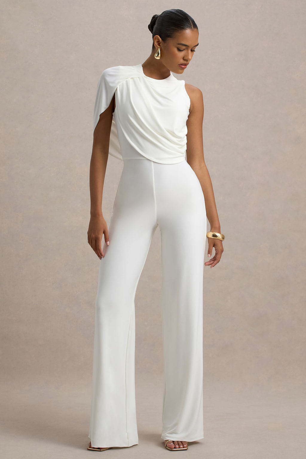 Opulence | White Jumpsuit With Cape Sleeve and Draped Details