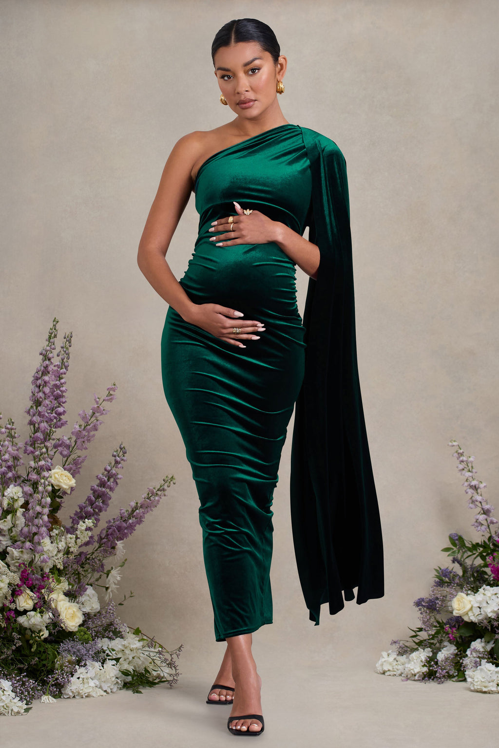 Amaryllis | Bottle Green Velvet Maternity One Shoulder Maxi Dress with Cape Sleeve
