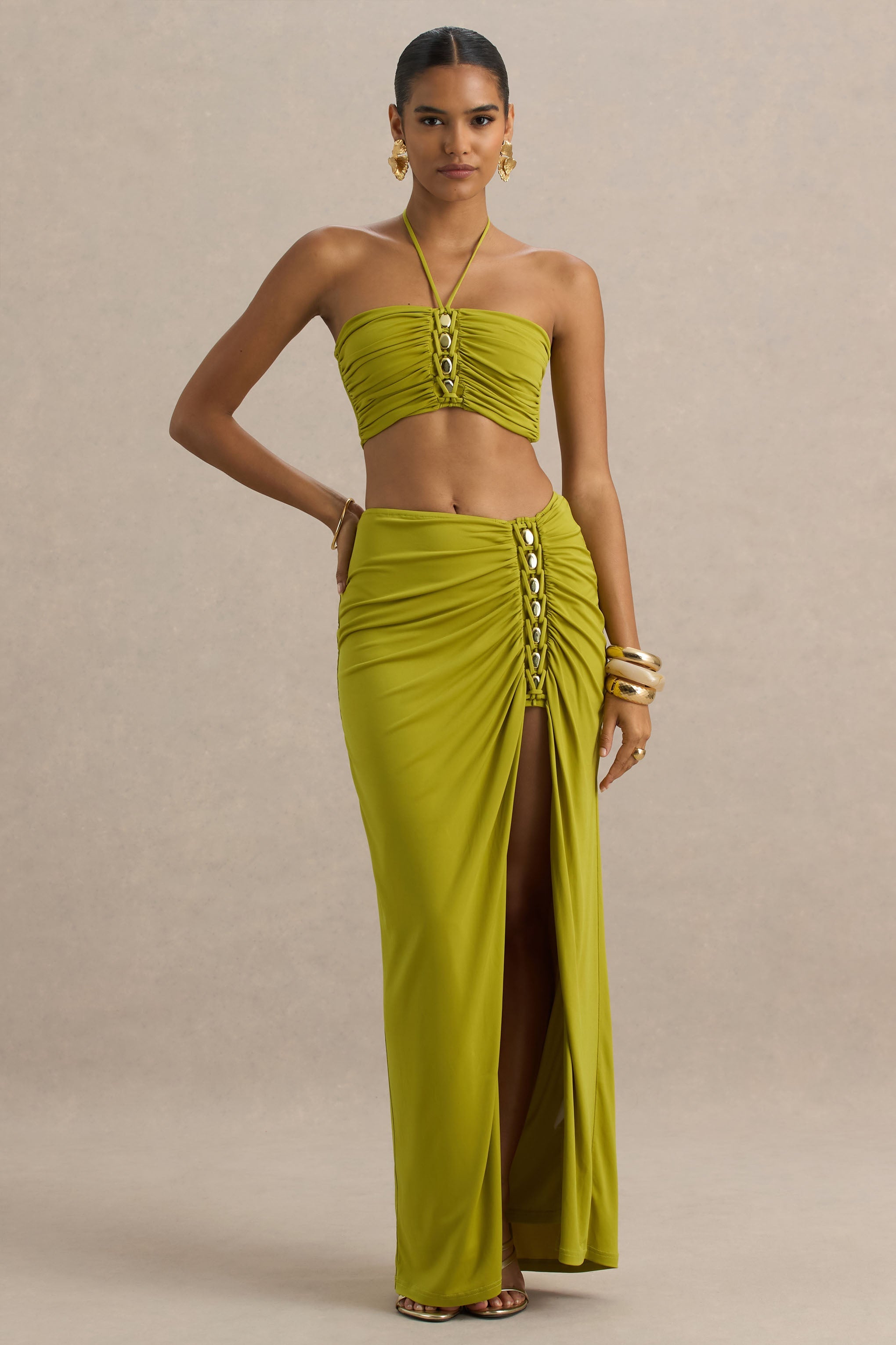 Coastline | Green Ruched Maxi Skirt With Split