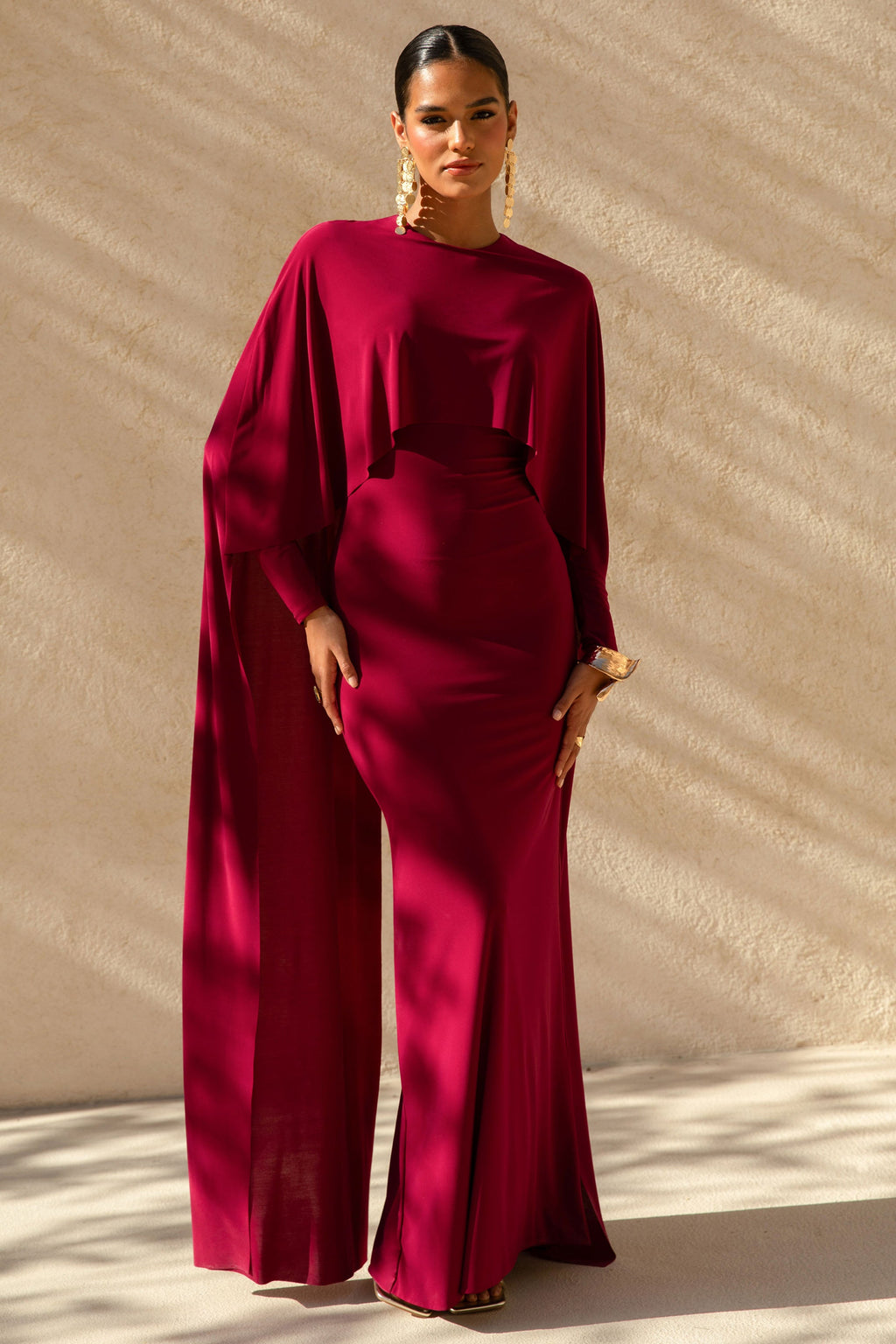 Belinda | Burgundy Draped Maxi Dress With Cape Sleeves