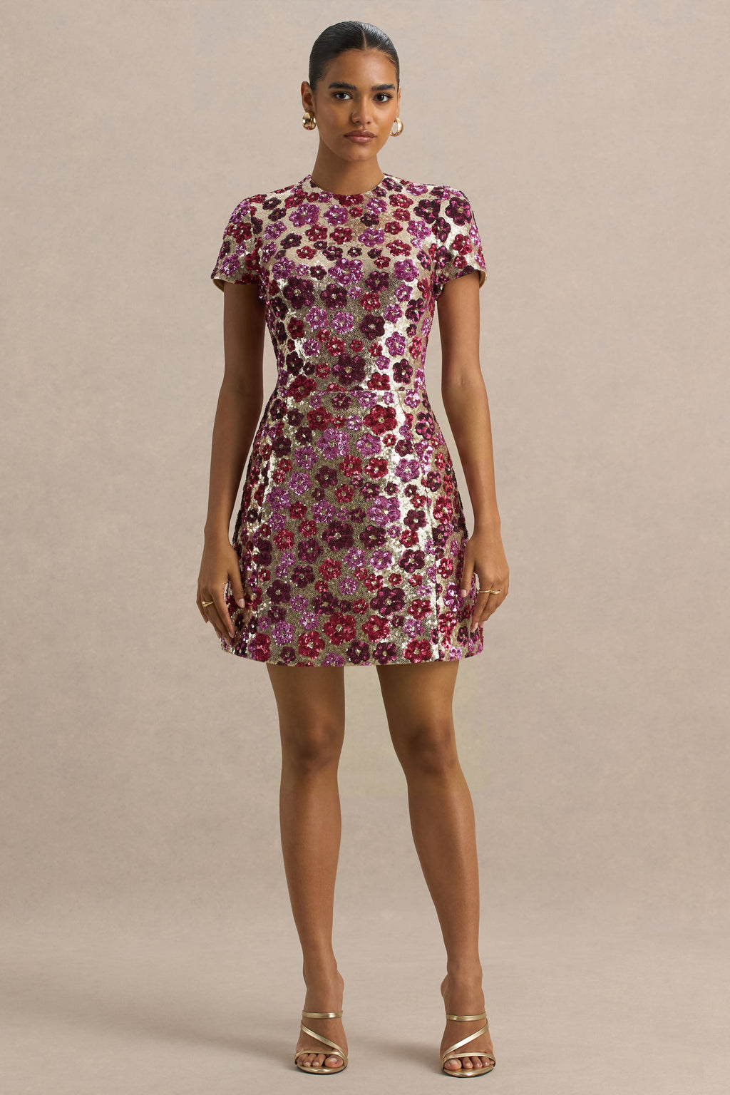 Eira | Pink Floral Sequin Crew-Neck Mini Dress