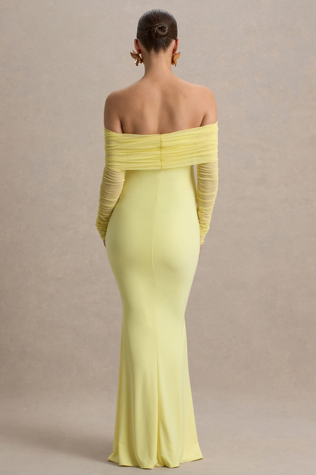 Pretty Perfect | Lemon Maternity Ruched Mesh Bardot Maxi Dres