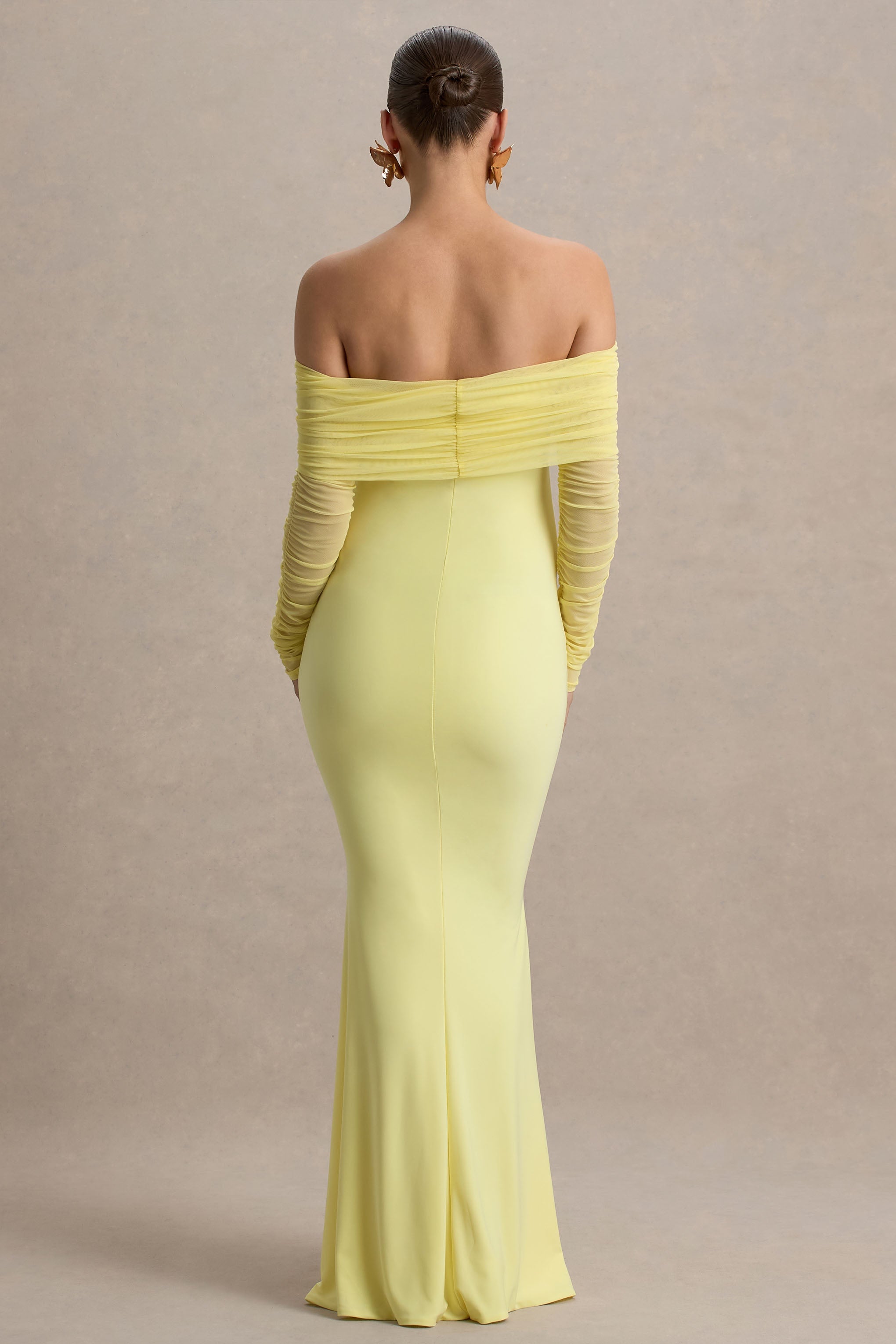 Pretty Perfect | Lemon Maternity Ruched Mesh Bardot Maxi Dres