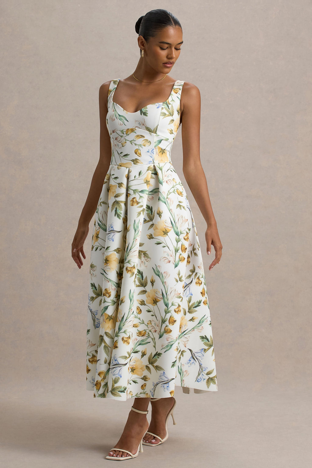 Rosemary | Floral Print Sweetheart Midi Dress With Drop Waist