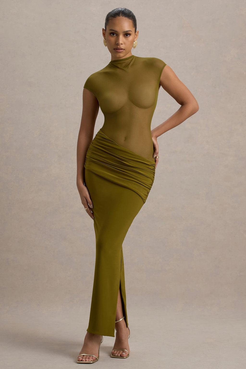 Asia | Green Sheer Short-Sleeve Draped Maxi Dress