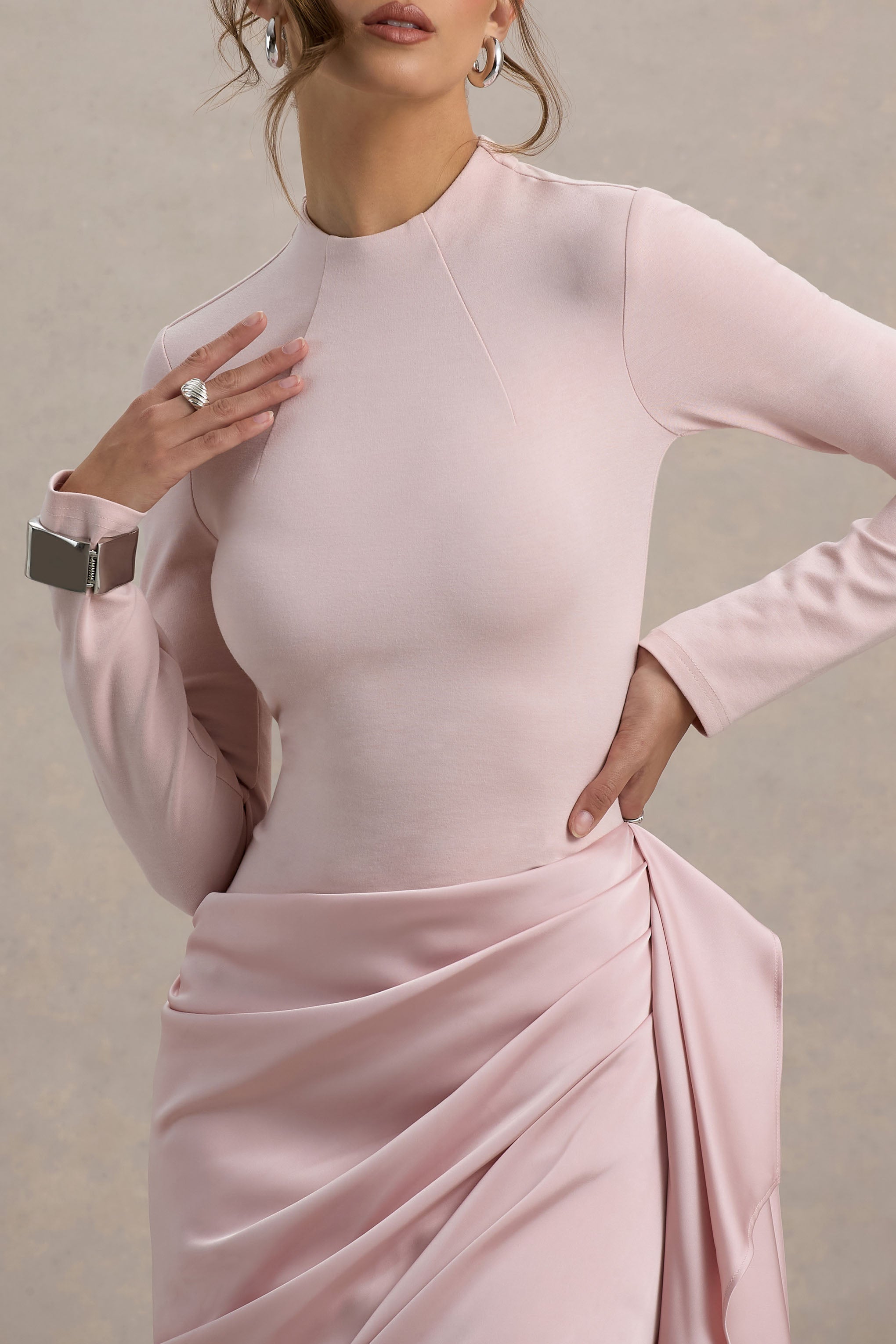 Raffie | Pink Long-Sleeve Midi Dress With Satin Wrap Skirt