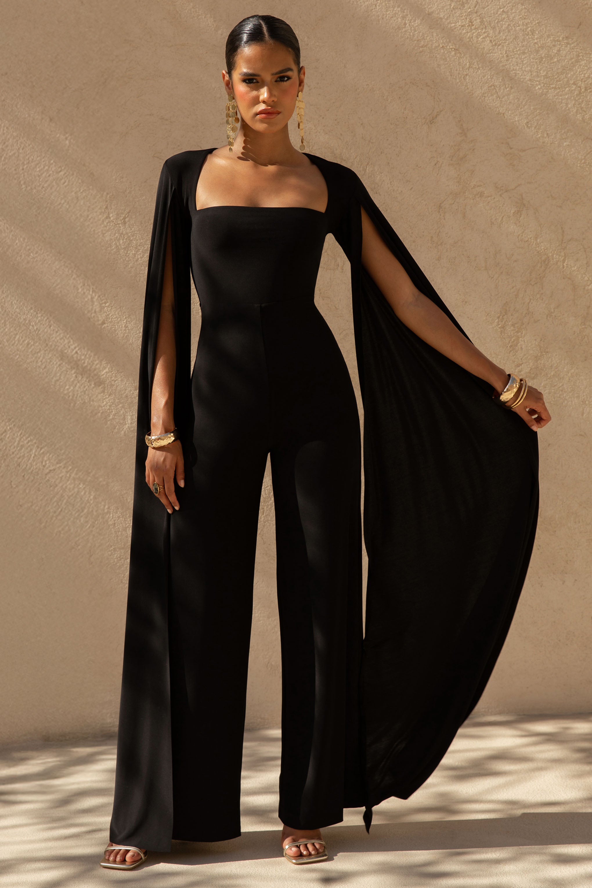 Zara | Black Square-Neck Jumpsuit With Cape Sleeves
