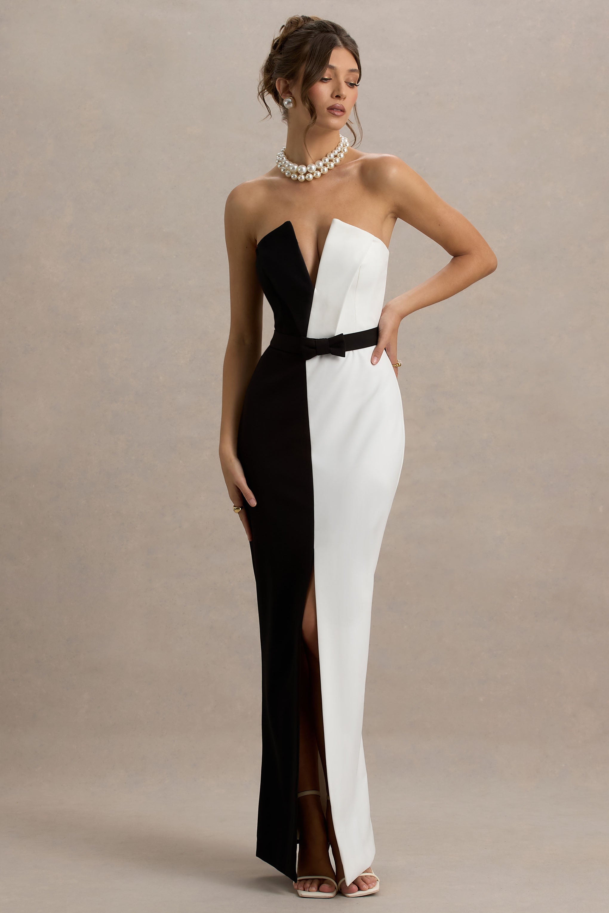 Beatrice | Black & White Plunge Bandeau Maxi Dress With High-Leg Split