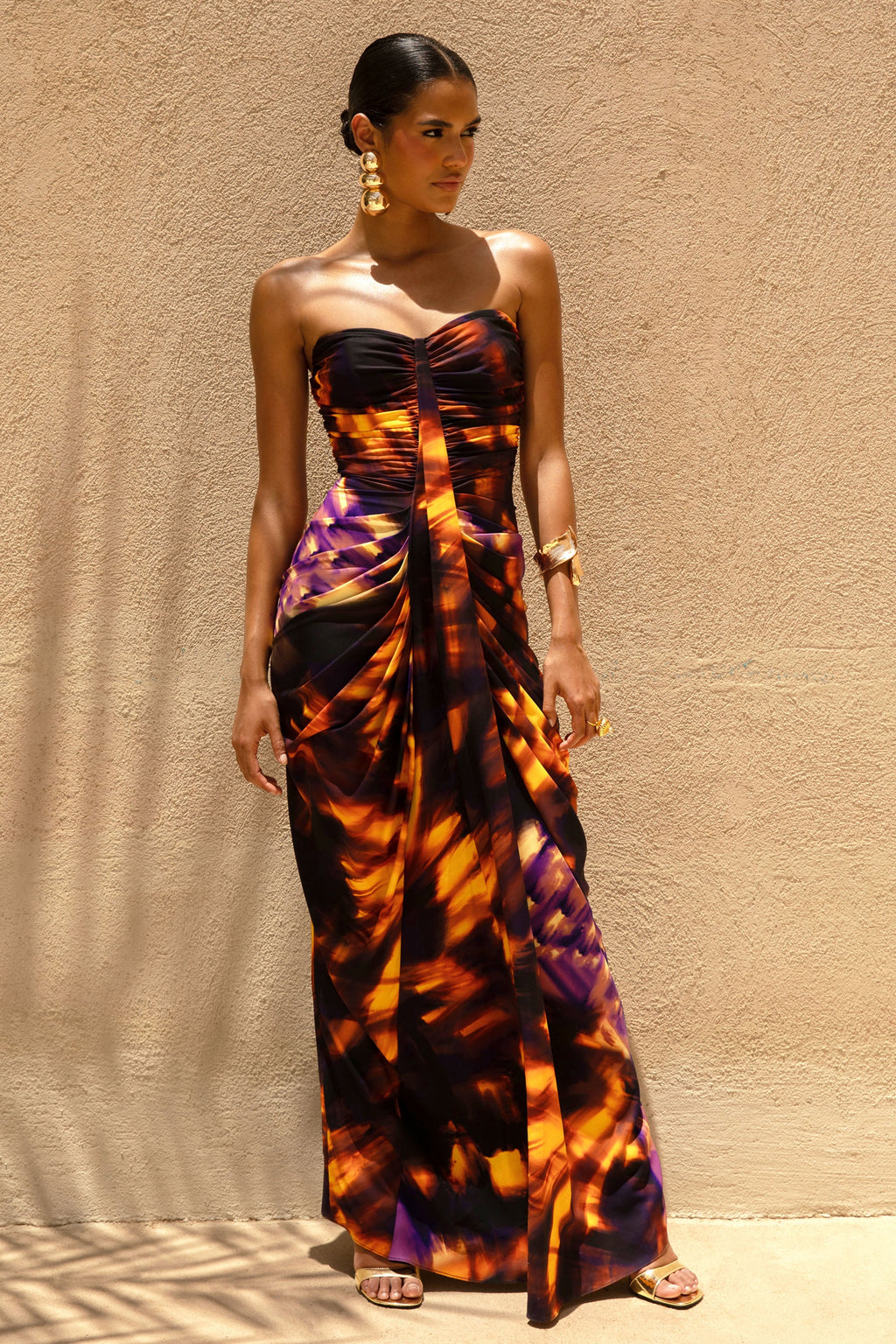 Nyra | Smoke Print Sweetheart Ruched Maxi Dress
