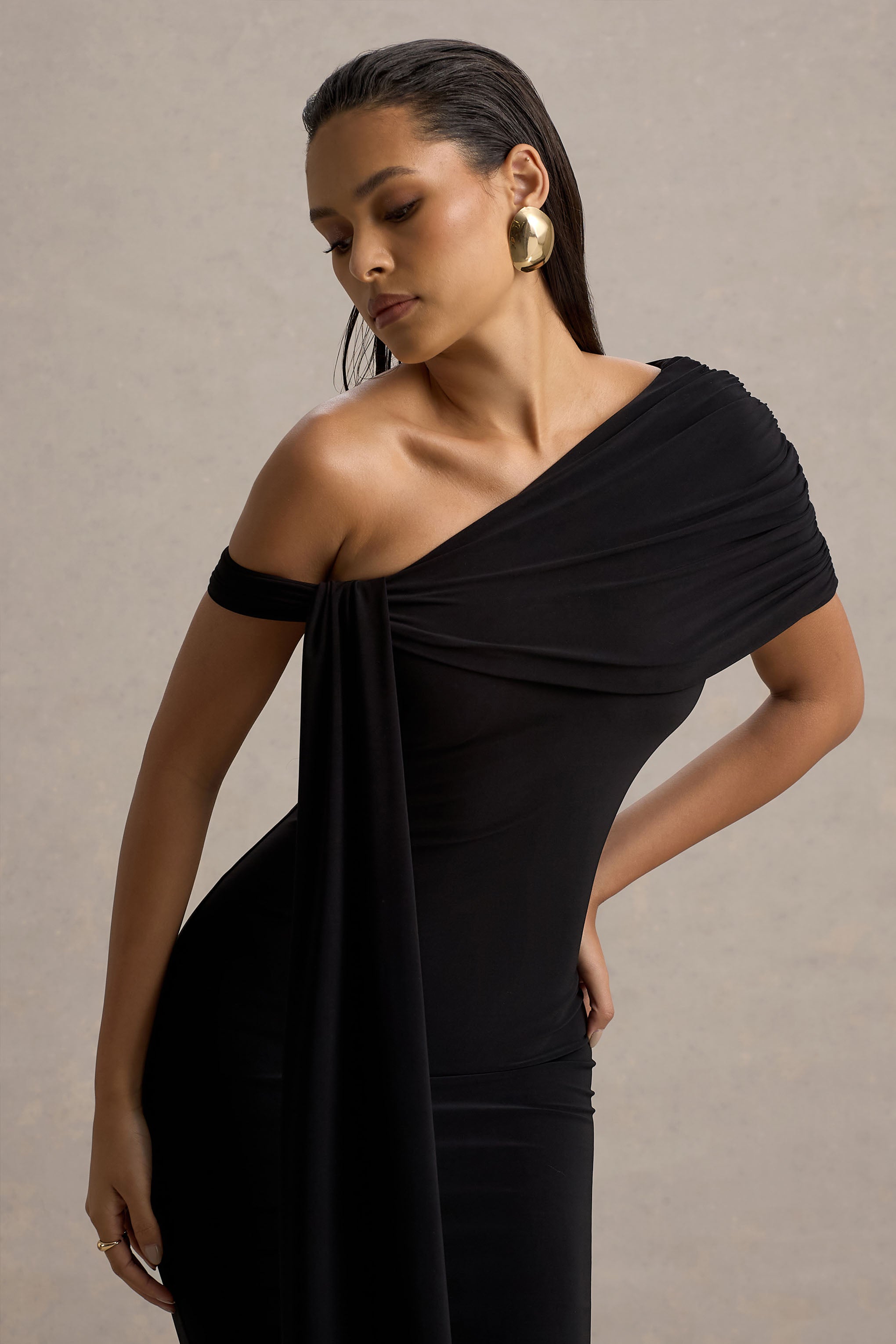 Vallea | Black One-Shoulder Draped Midi Dress