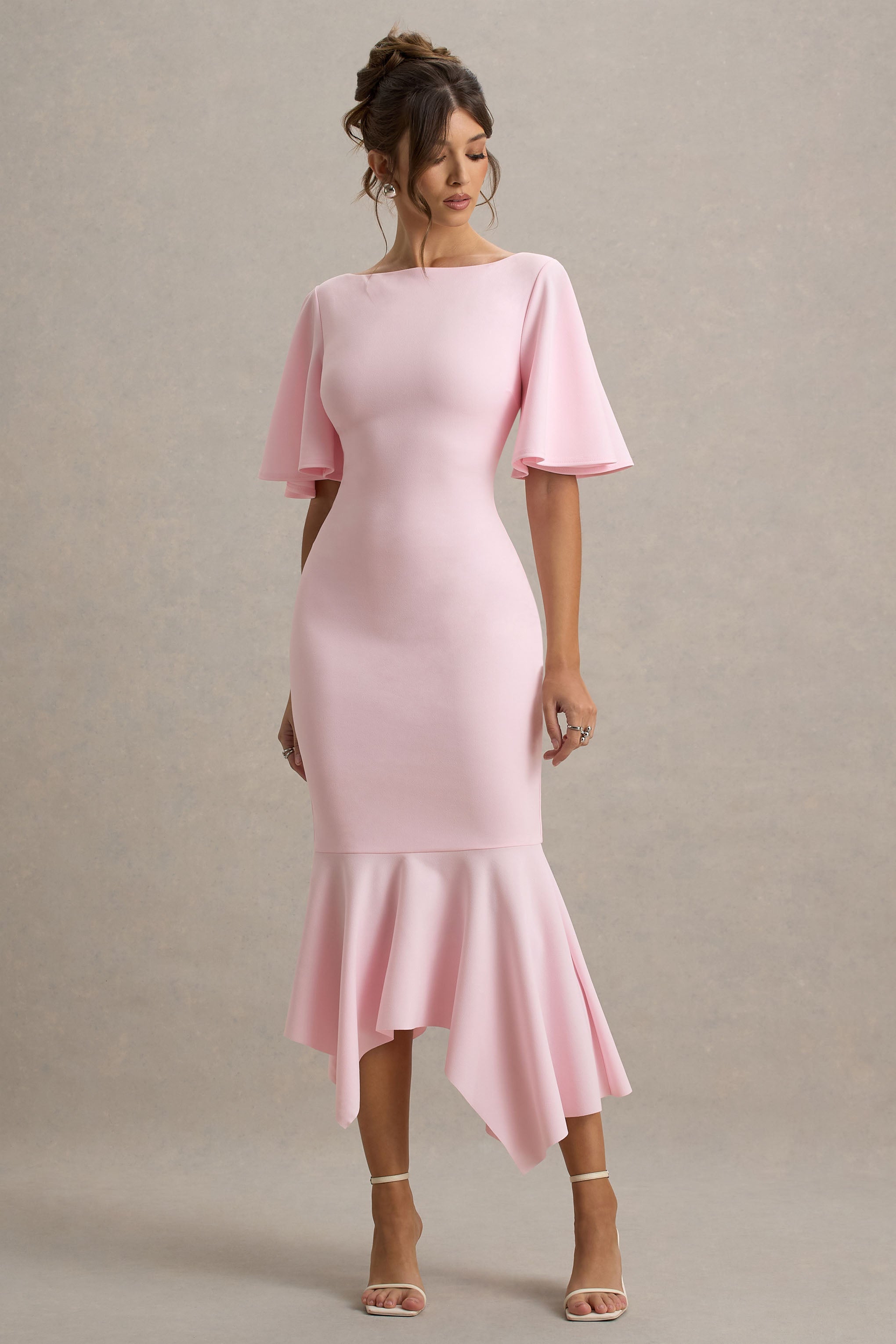 Ashling | Pink Flutter-Sleeve Hanky-Hem Midi Dress