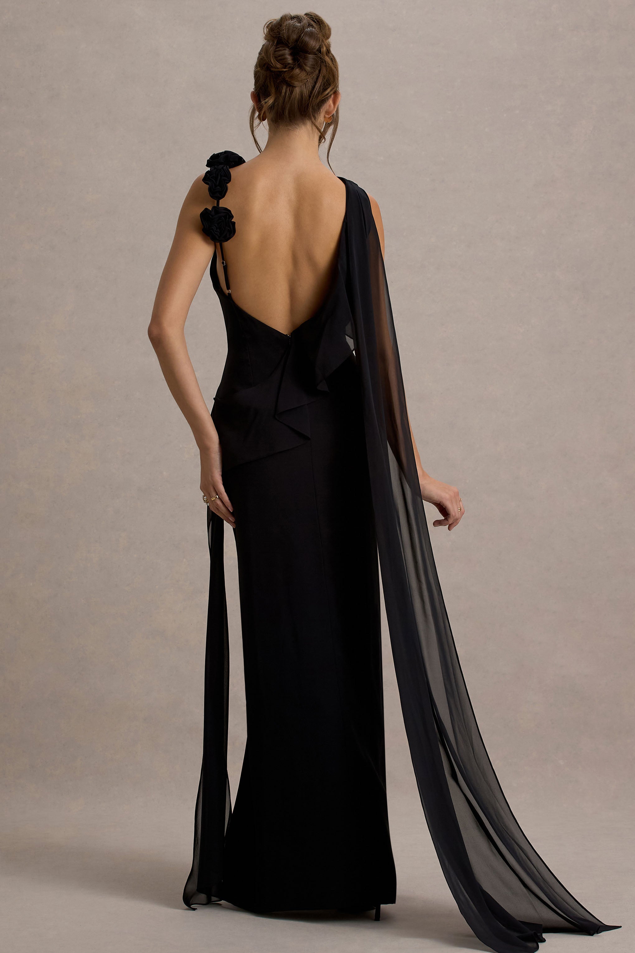 Angeline | Black Chiffon Draped Split Maxi Dress With Corsages