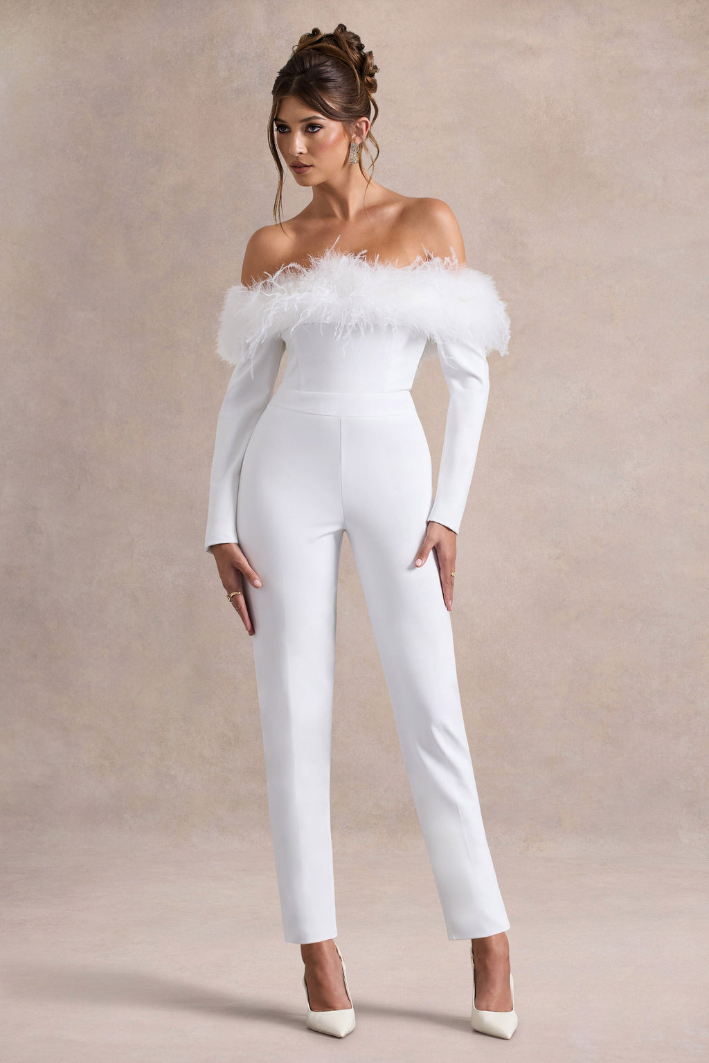 Ales | White Bardot Tailored Straight-Leg Jumpsuit With Feather Trim