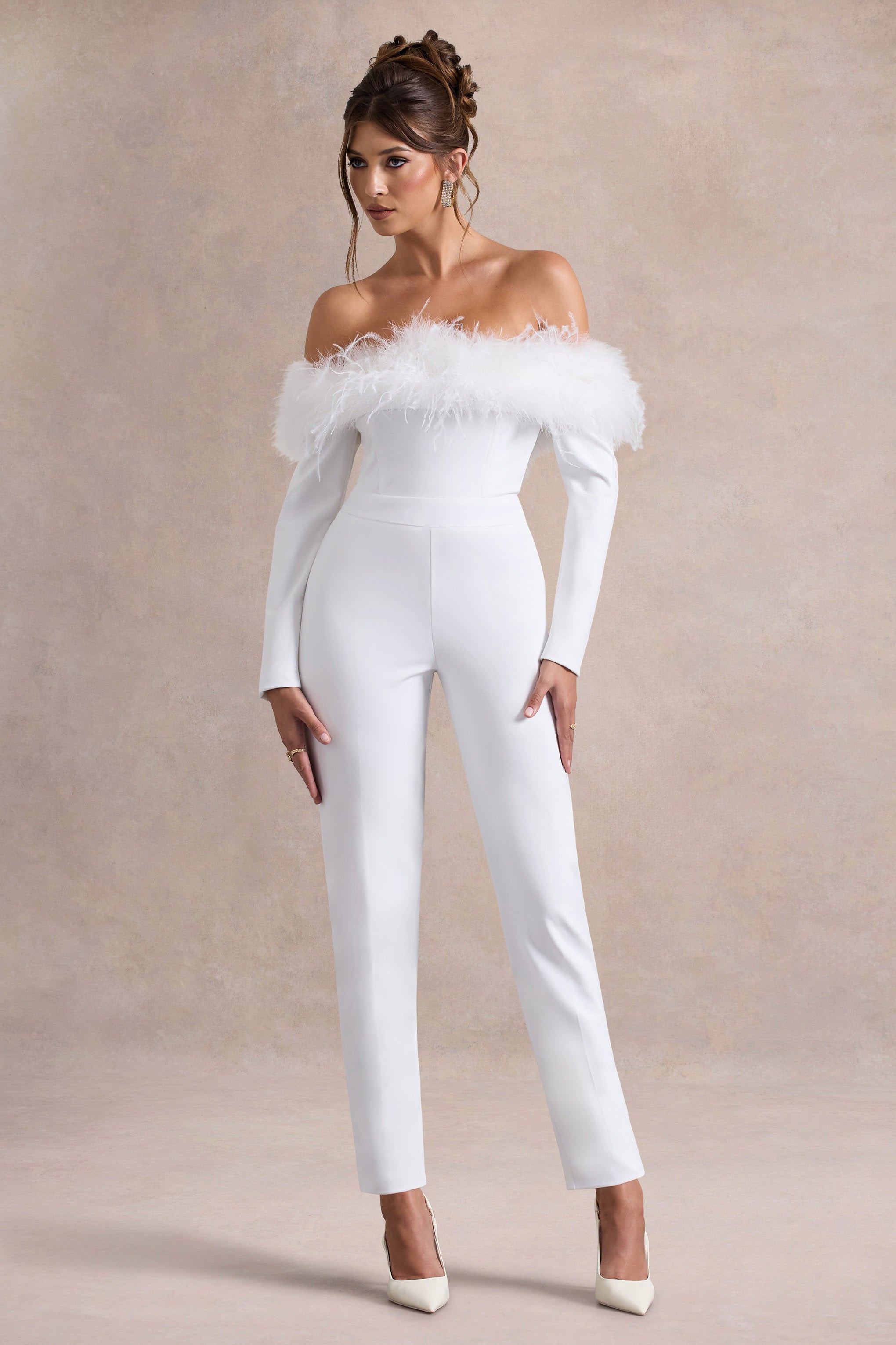 Ales | White Bardot Tailored Straight-Leg Jumpsuit With Feather Trim