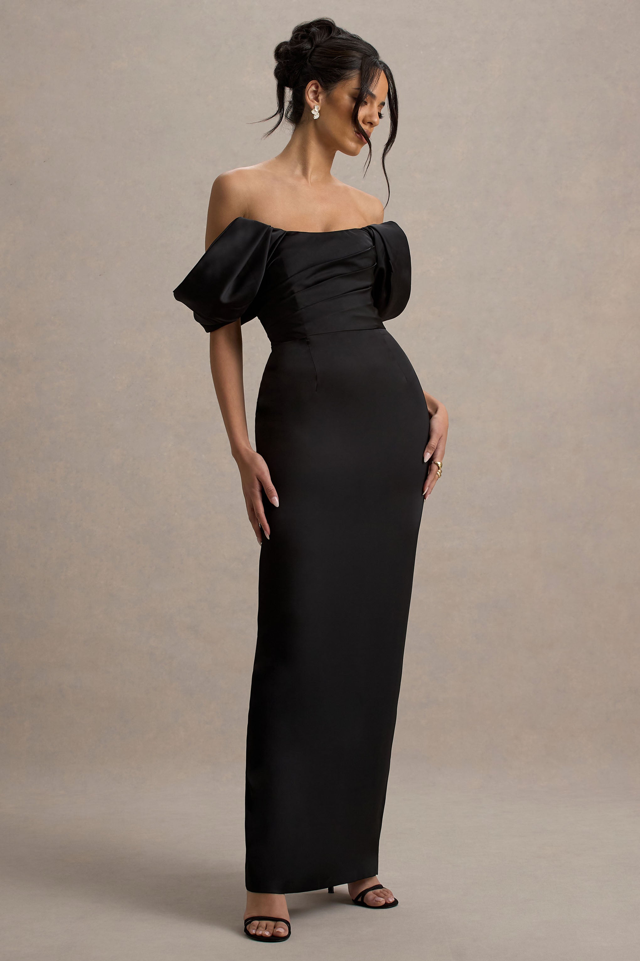 Annita | Black Satin Bardot Maxi Dress