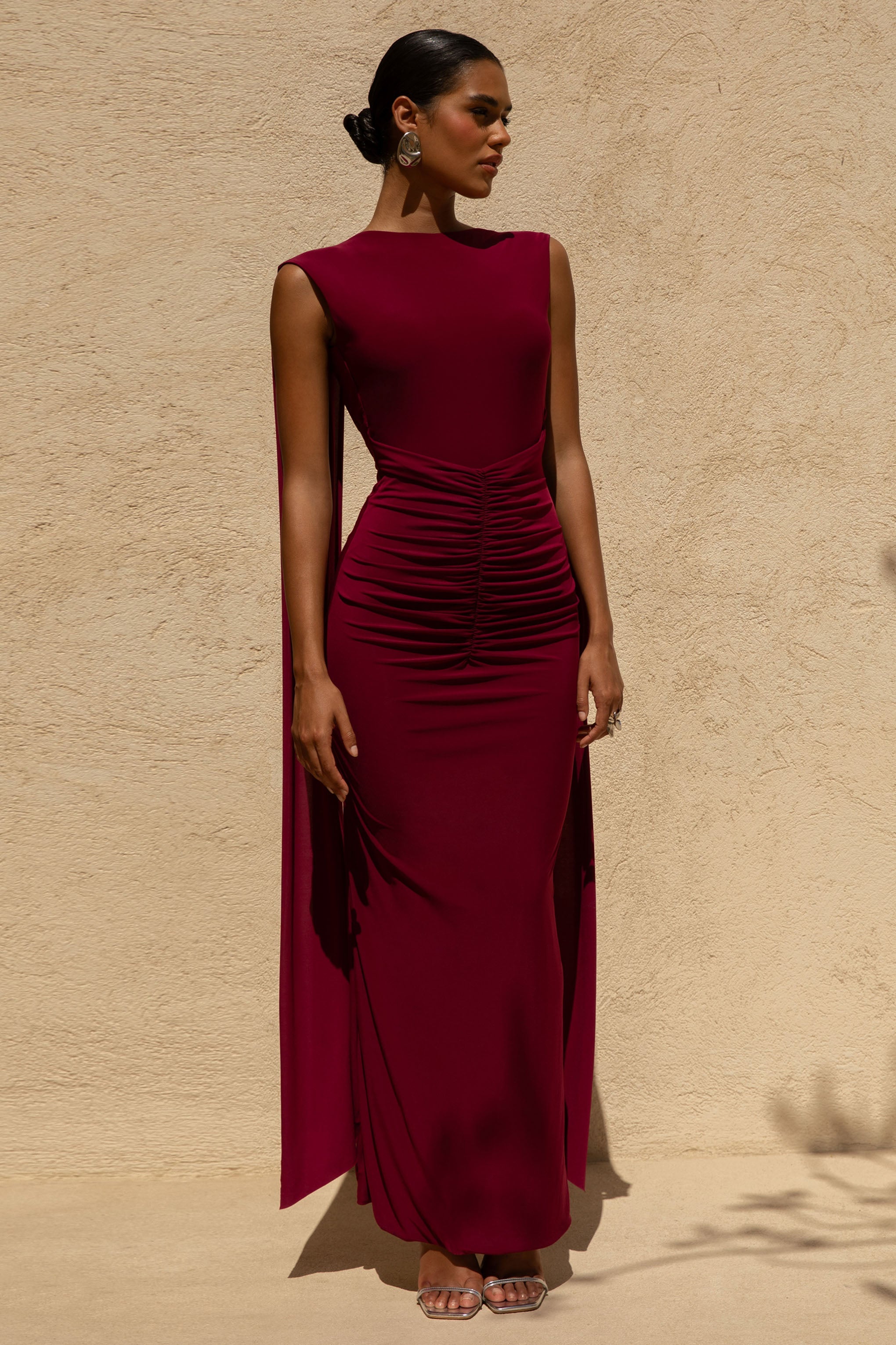 Saige | Burgundy Cap-Sleeve Gathered Maxi Dress