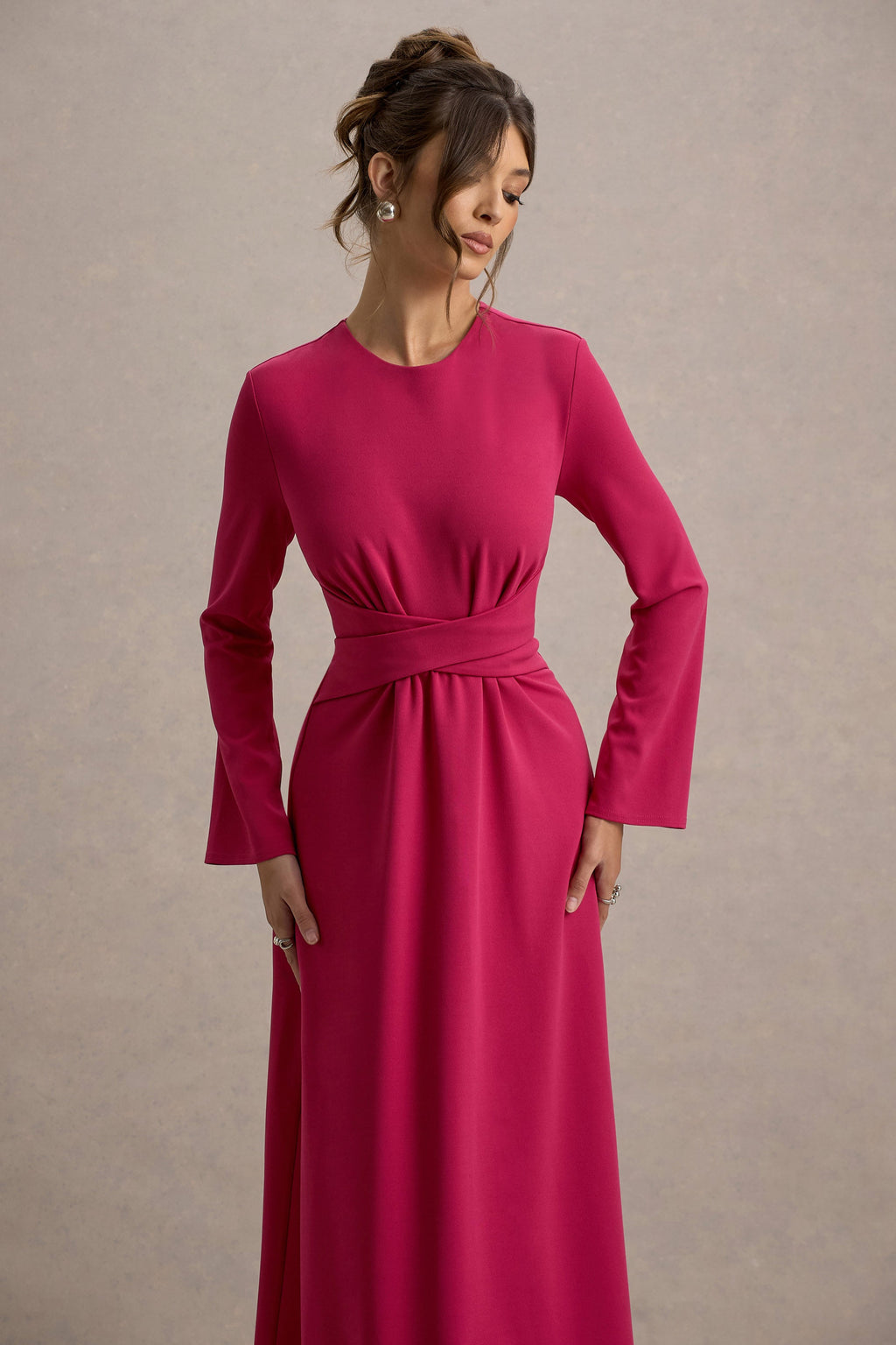 Cassiopeia | Hot Pink Long-Sleeve Midi Dress With Cross Waist
