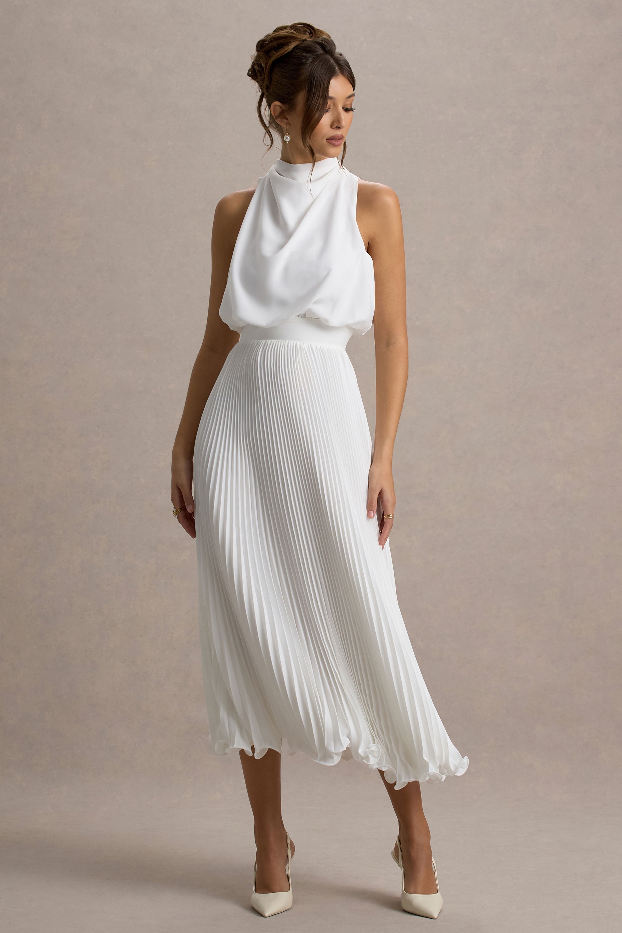 Nila | White Cowl-Neck Midi Dress With Plisse Skirt