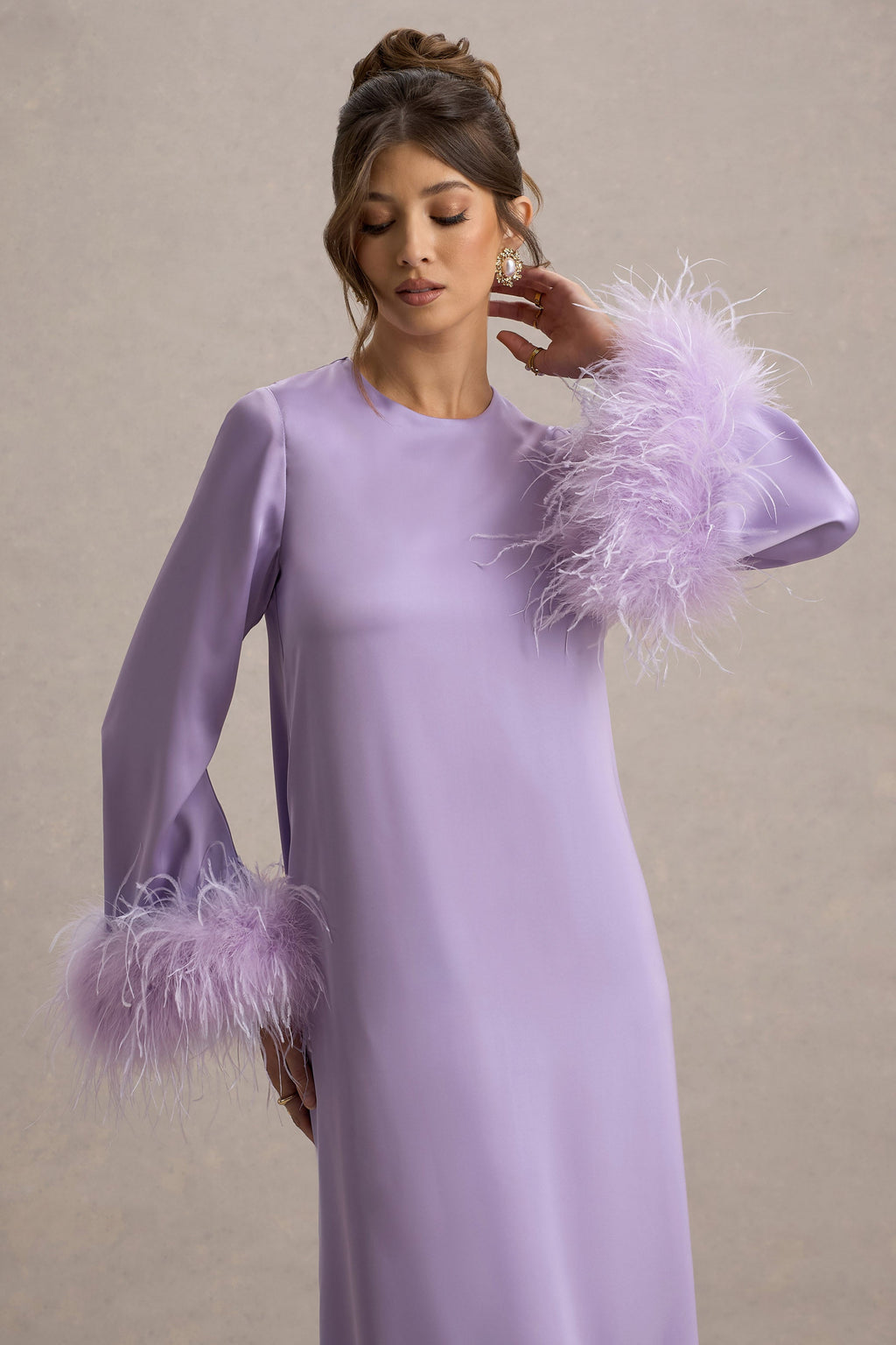 Adella | Lilac Satin Feather-Trim Maxi Dress
