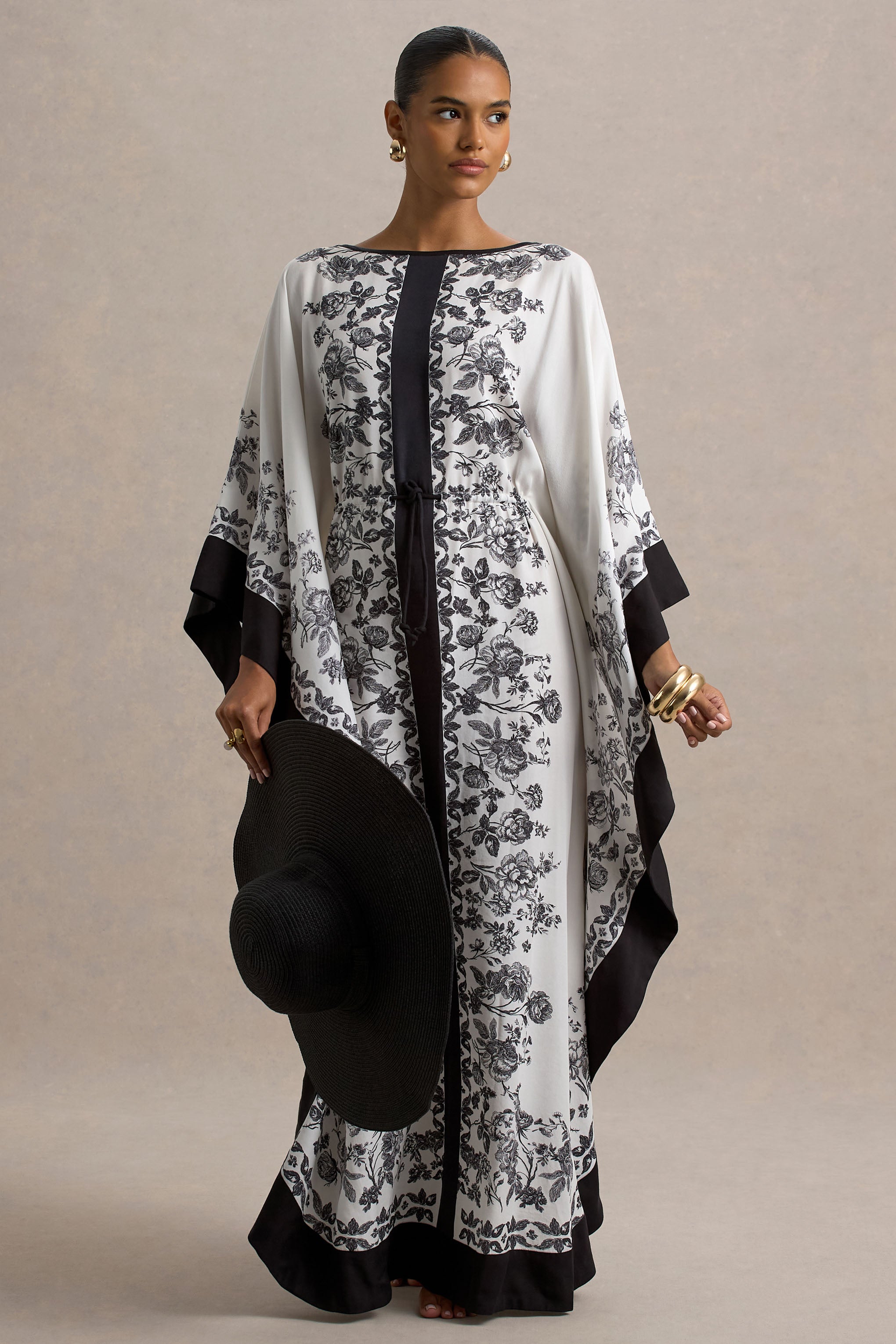 Rikki | Black & White Long-Sleeve Maxi Dress With Tie Waist
