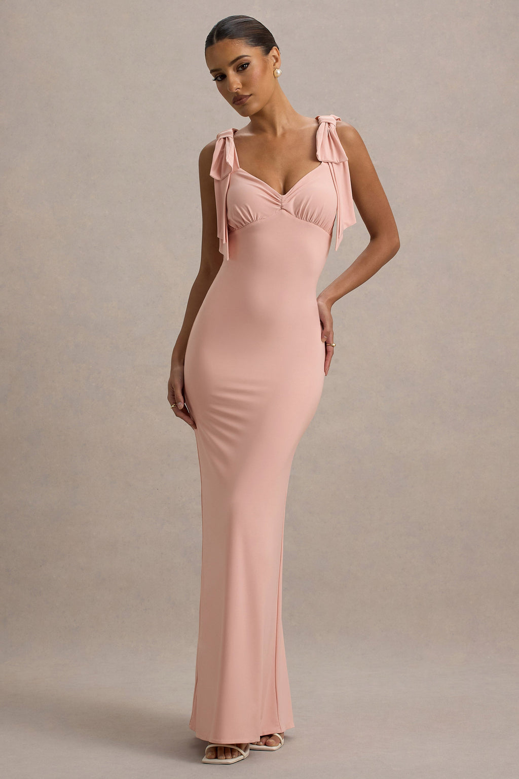 Evanna | Pink V-Neck Maxi Dress With Bow Straps