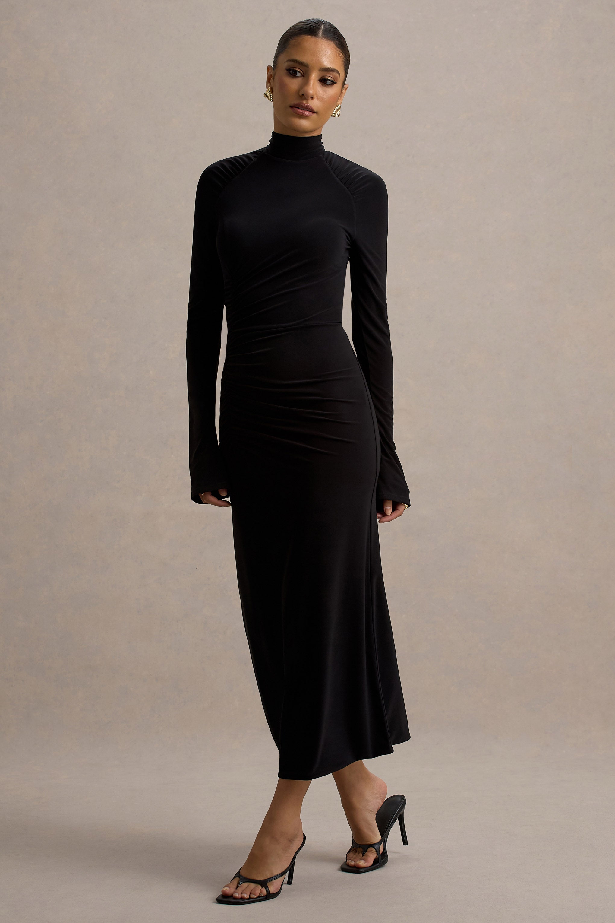 Cassandra | Black High-Neck Long-Sleeve Midi Dress