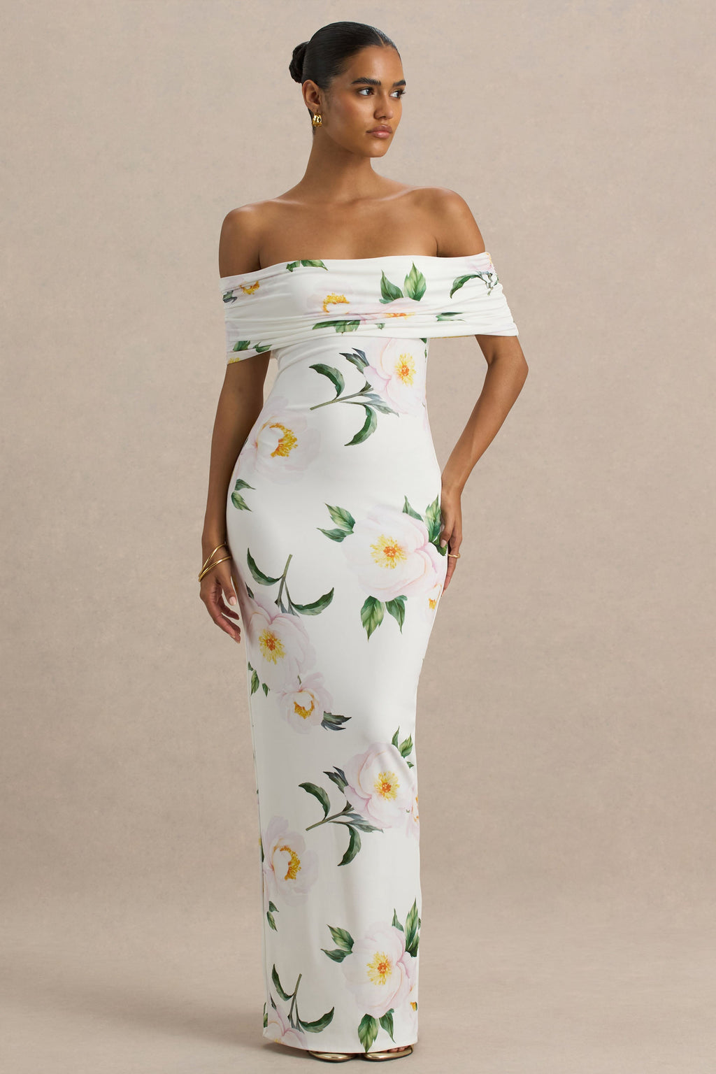 Capri | White Rose Print Bardot-Neck Maxi Dress With Ruched Detailing