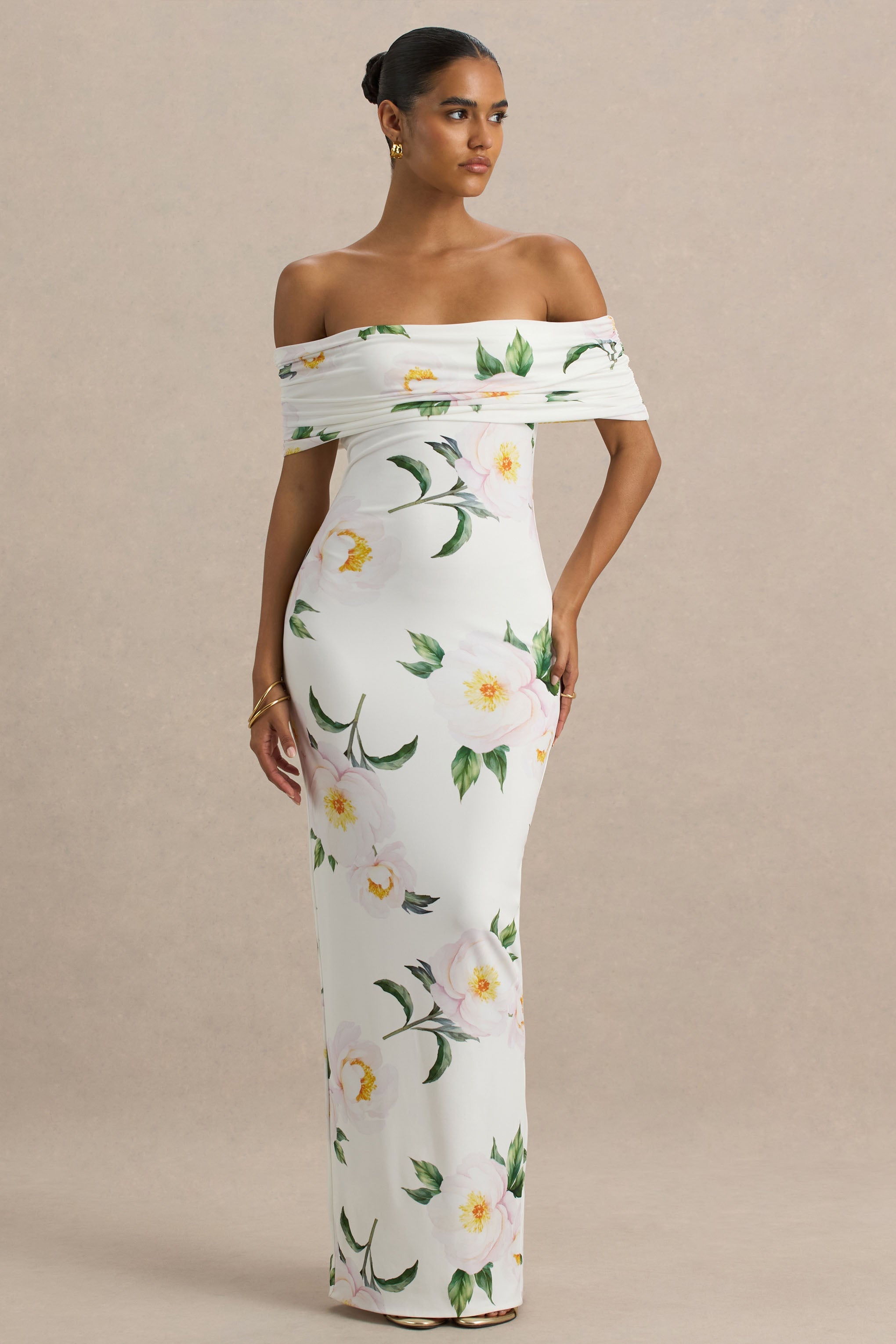 Capri | White Rose Print Bardot-Neck Maxi Dress With Ruched Detailing
