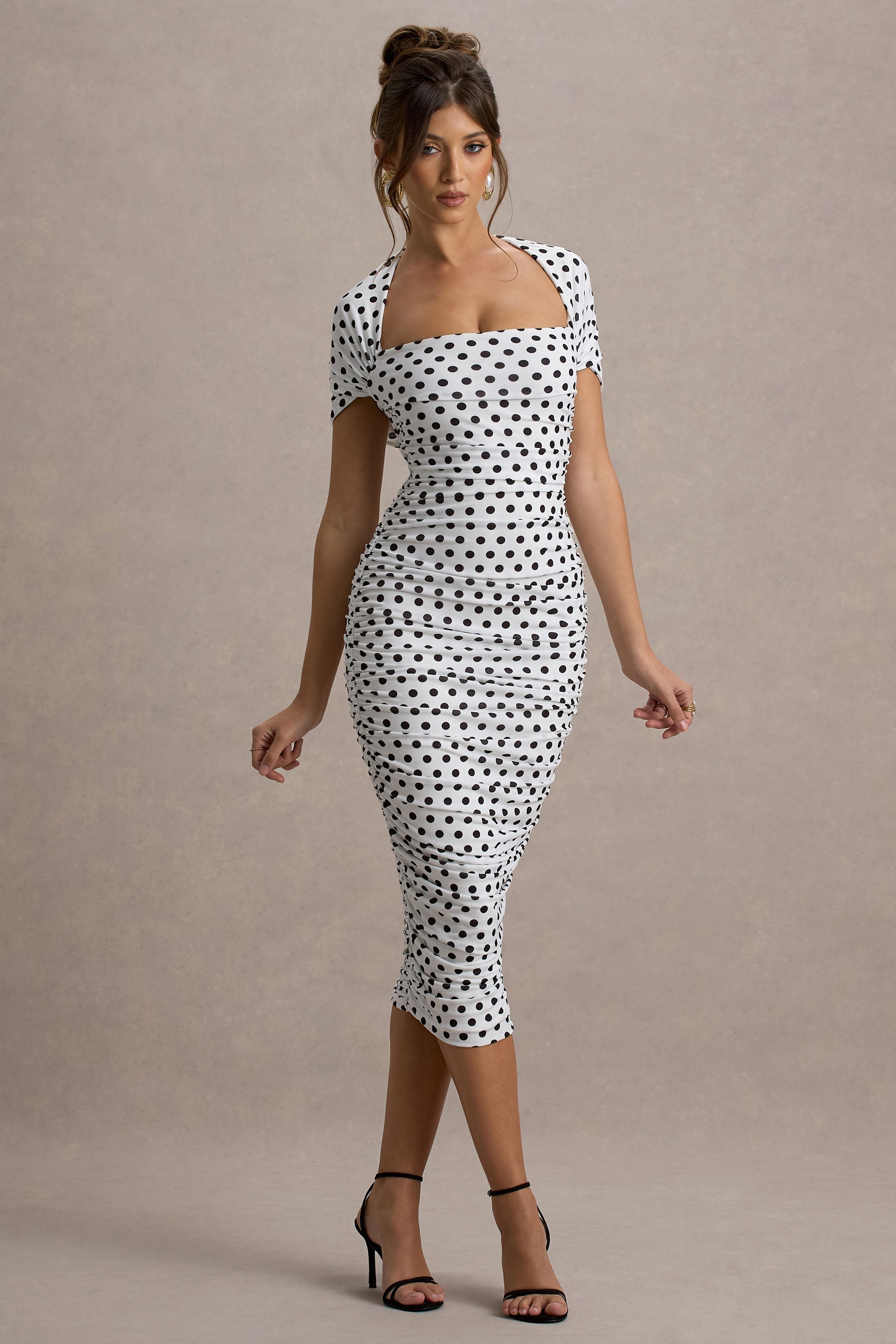 Paxos | White Polka Dot Ruched Short-Sleeve Midi Dress
