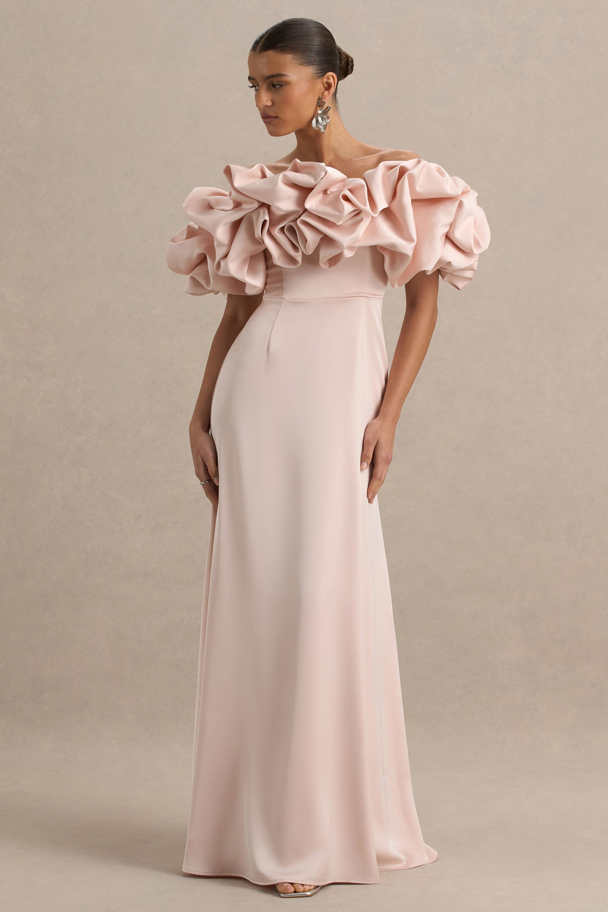 Allie | Pale Pink Puff Bardot Maxi Dress