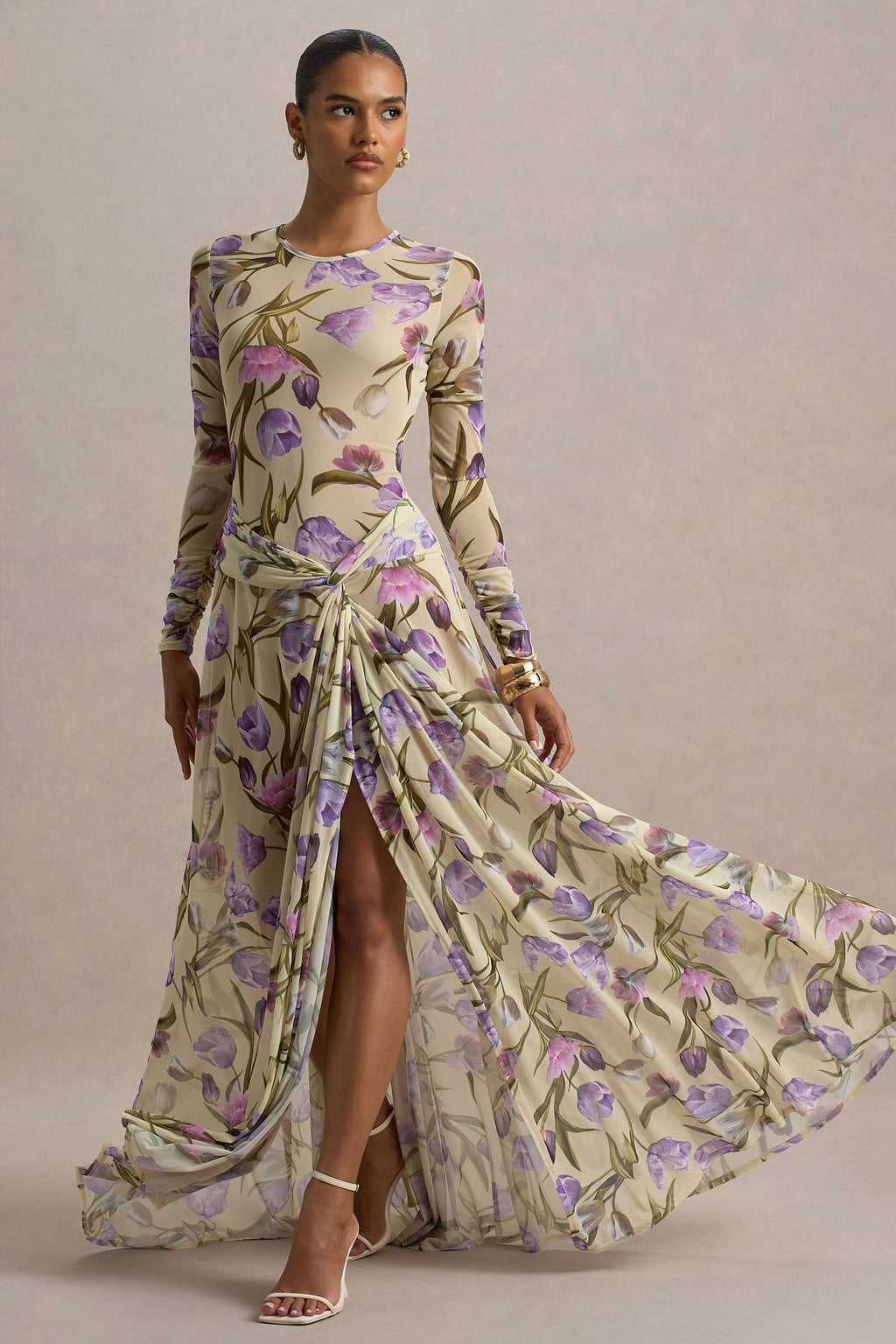 Koami | Yellow Floral Long-Sleeve Ruched Maxi Dress With High Split