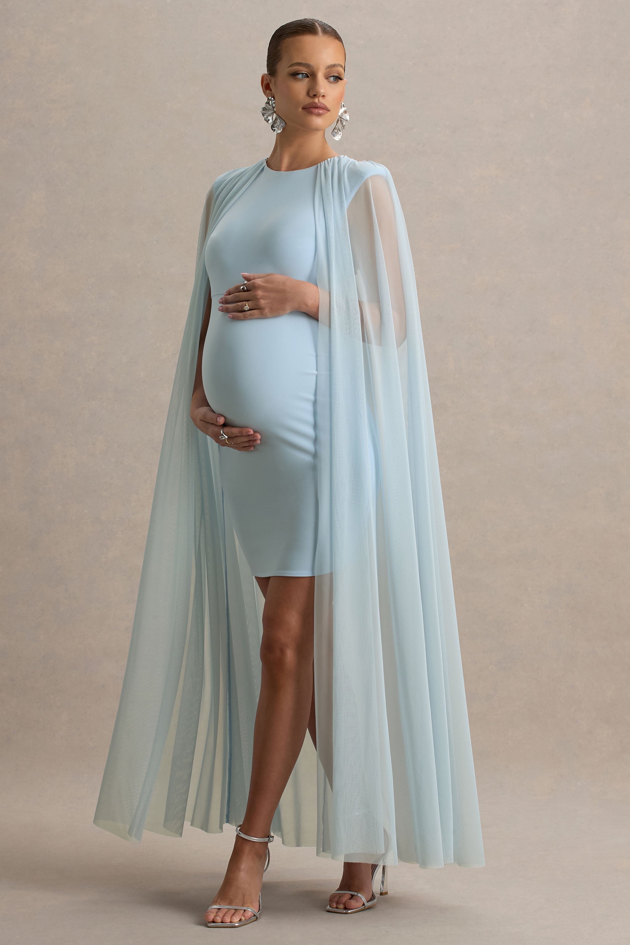 Charlene | Powder Blue High-Neck Maternity Mini Dress With Mesh Cape