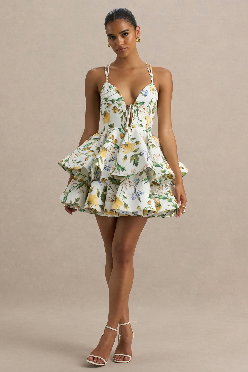 Flavia | White Botanical Print Linen Plunge-Neck Ruffled Skater Micro-Mini Dress