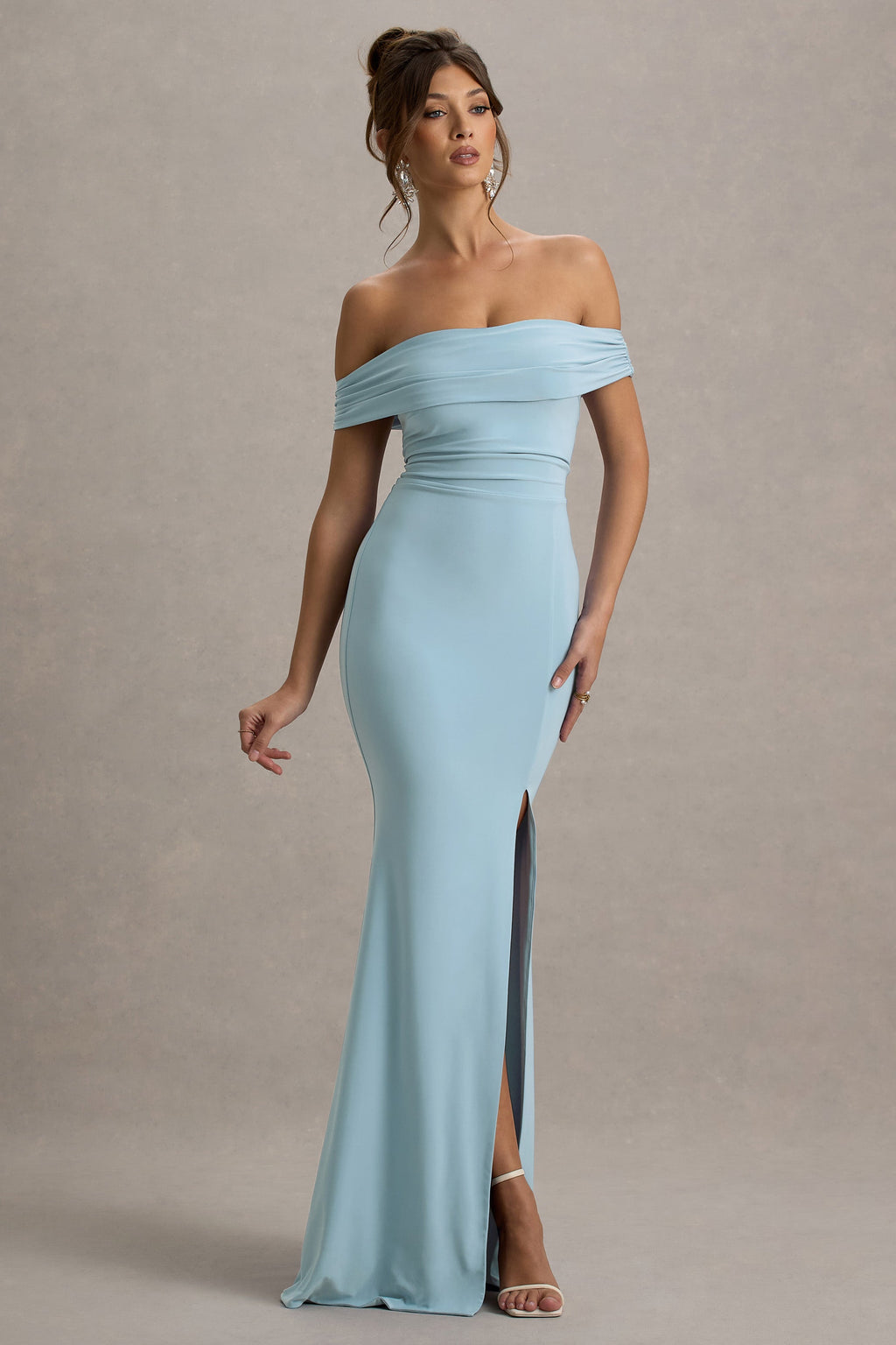 Law of Attraction | Powder Blue Bardot Draped Split Maxi Dress
