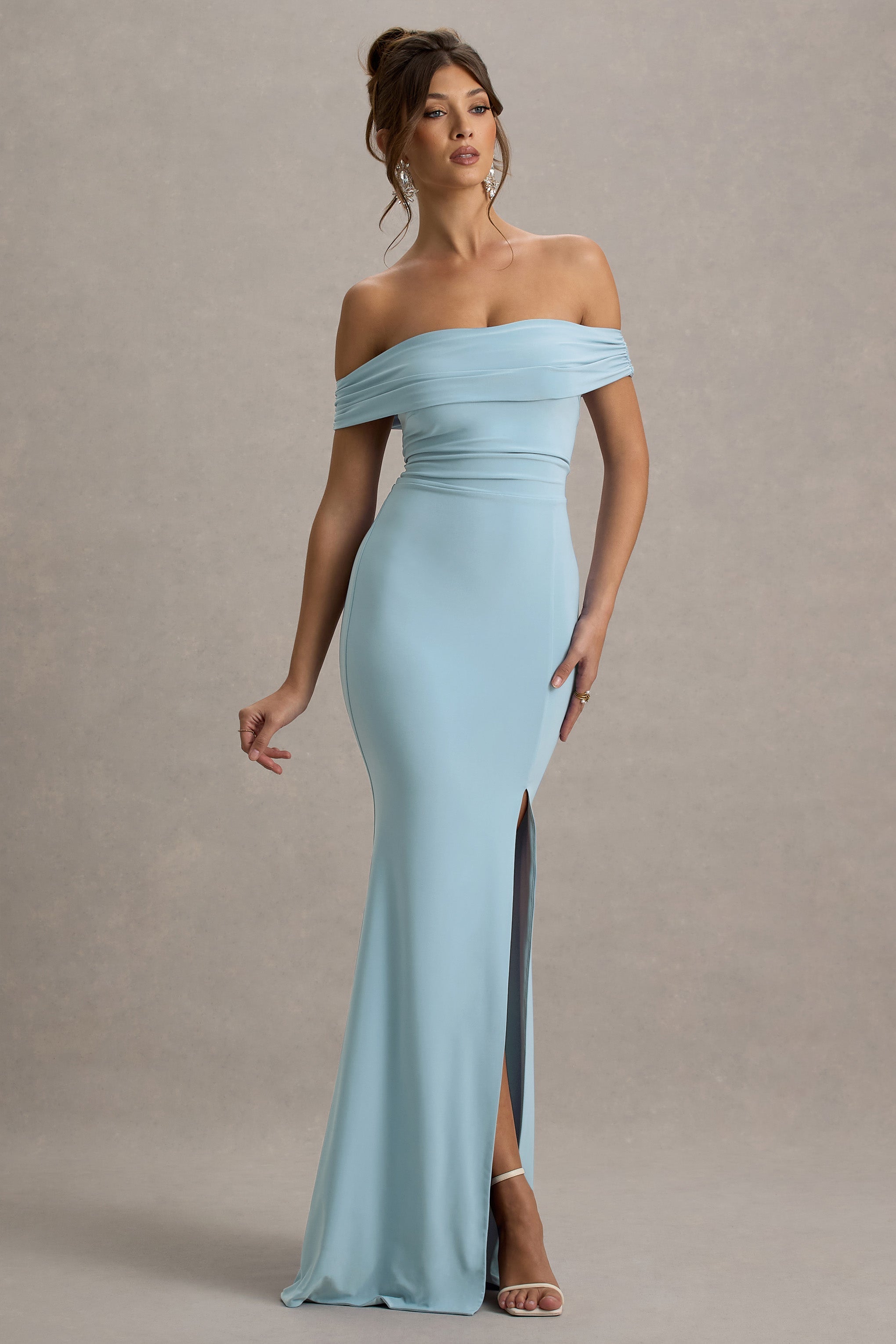 Law of Attraction | Powder Blue Bardot Draped Split Maxi Dress