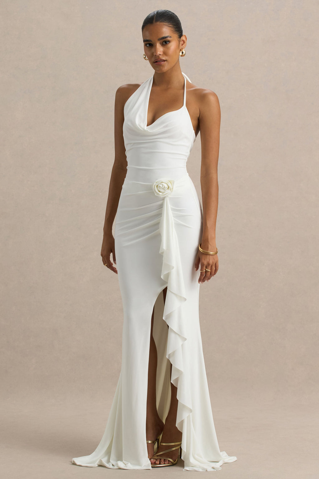 Lucena | White Cowl-Neck Maxi Dress With Corsage Detail And Front High Split