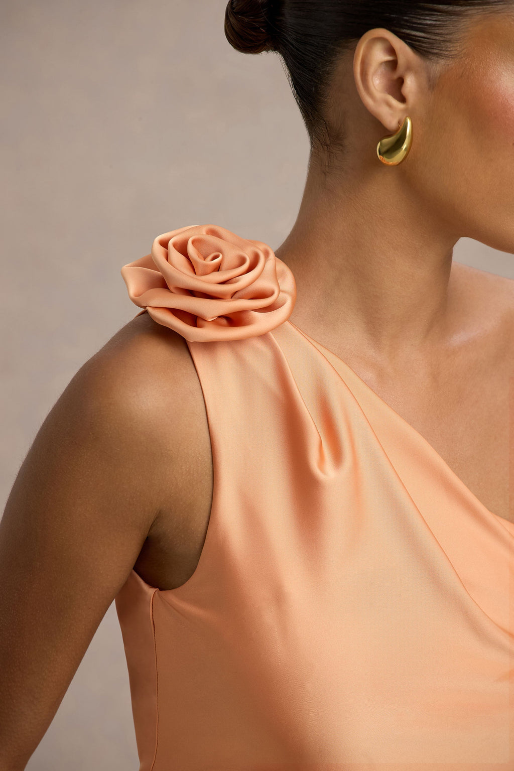 Janette | Peach Satin One-Shoulder Split Maxi Dress With Corsage