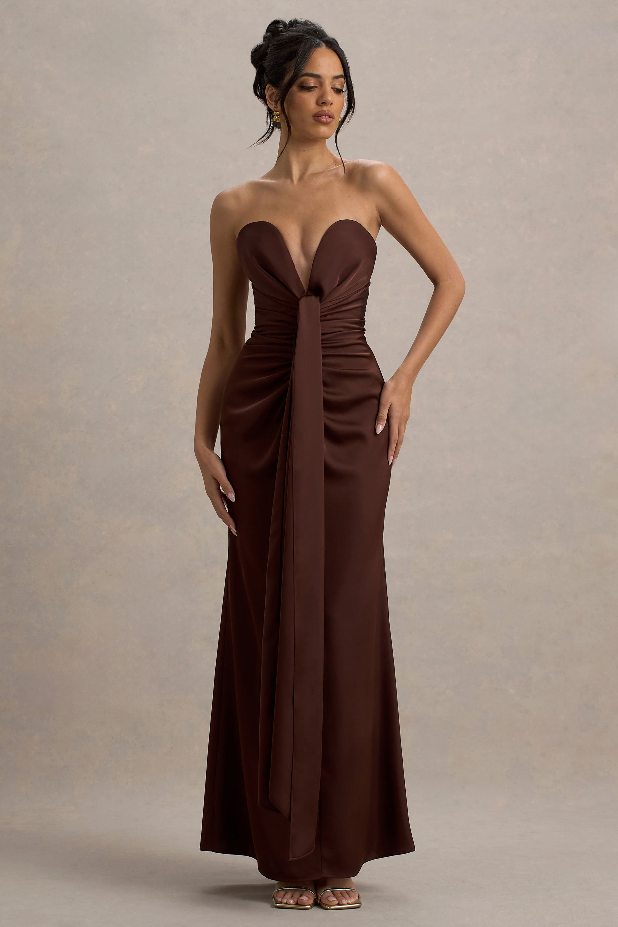 Mackenzie | Brown Satin Plunge-Neck Draped Maxi Dress
