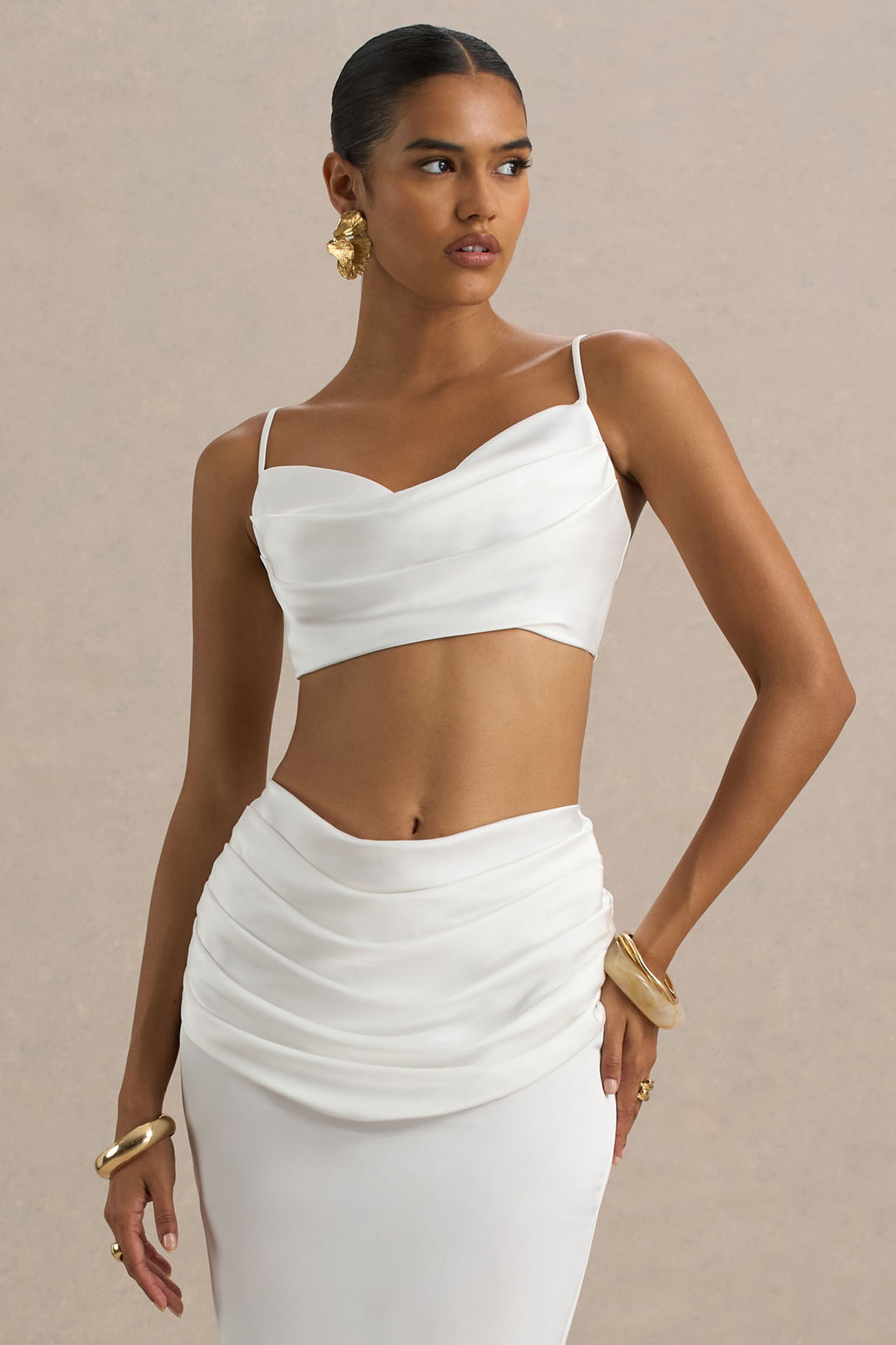 Una | White Ruched Cowl-Neck Crop Top