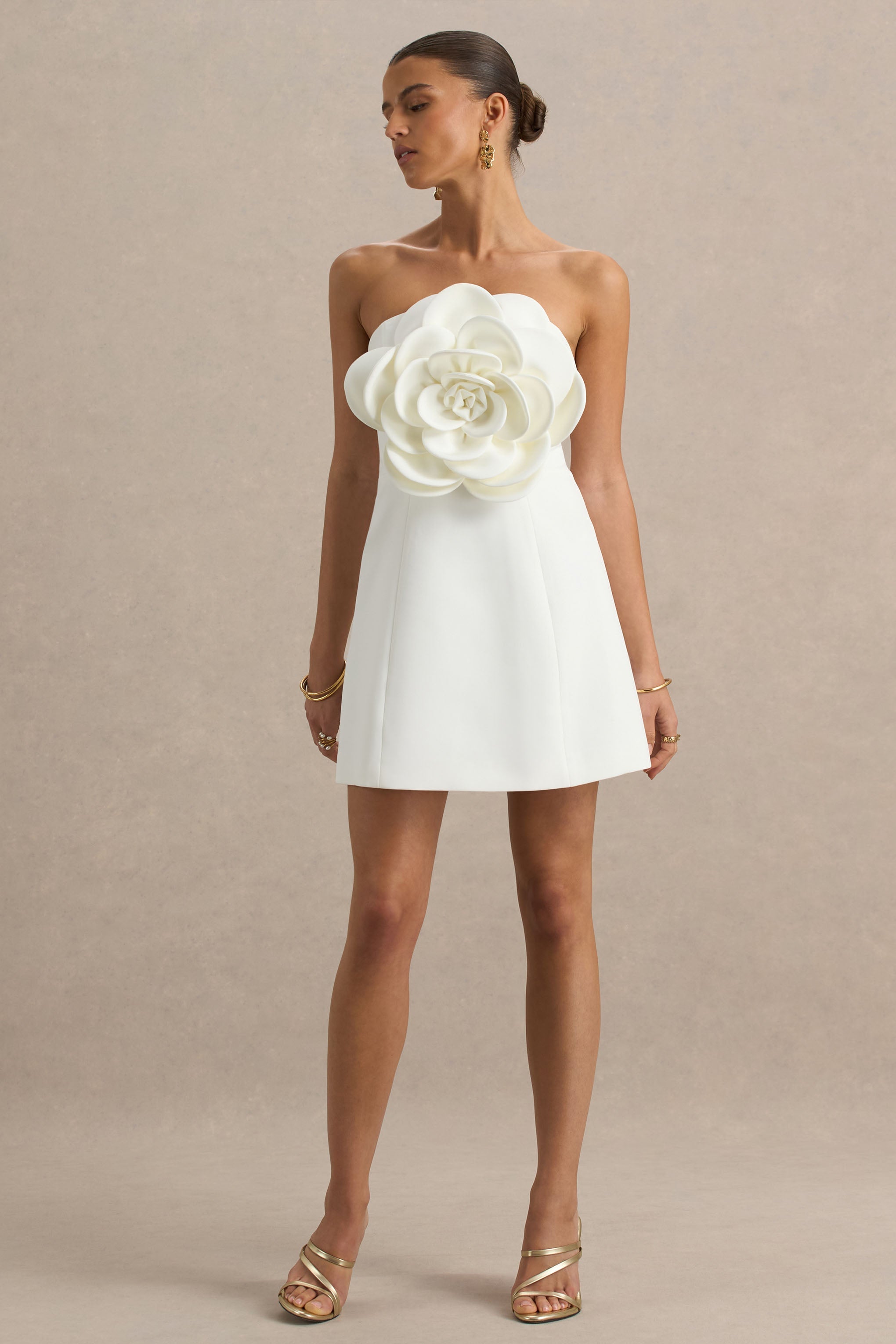 Daffodil | White Bandeau Mini Dress With Large Floral Corsage