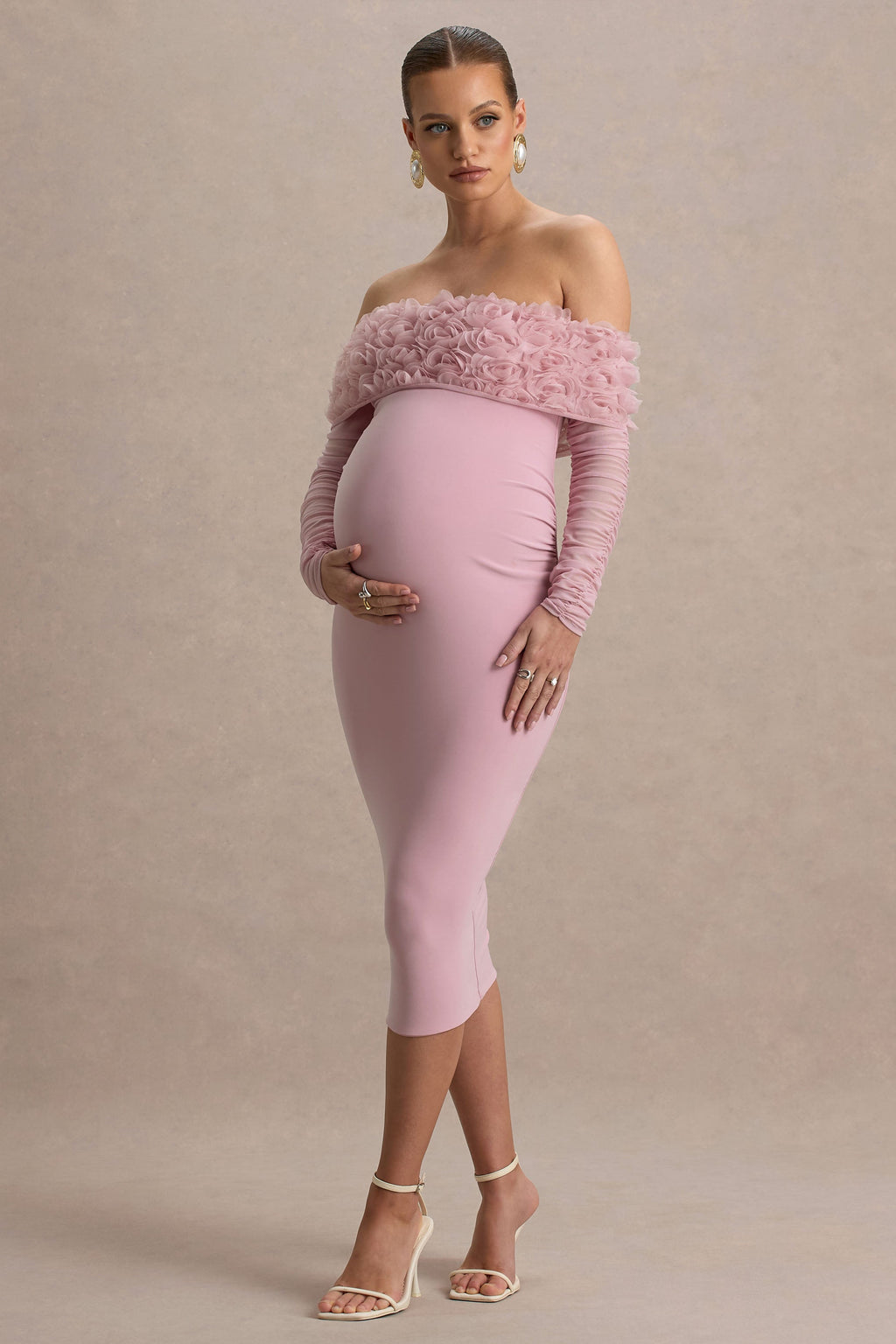 Adita | Blush Pink Mesh Floral Bardot Maternity Midi Dress