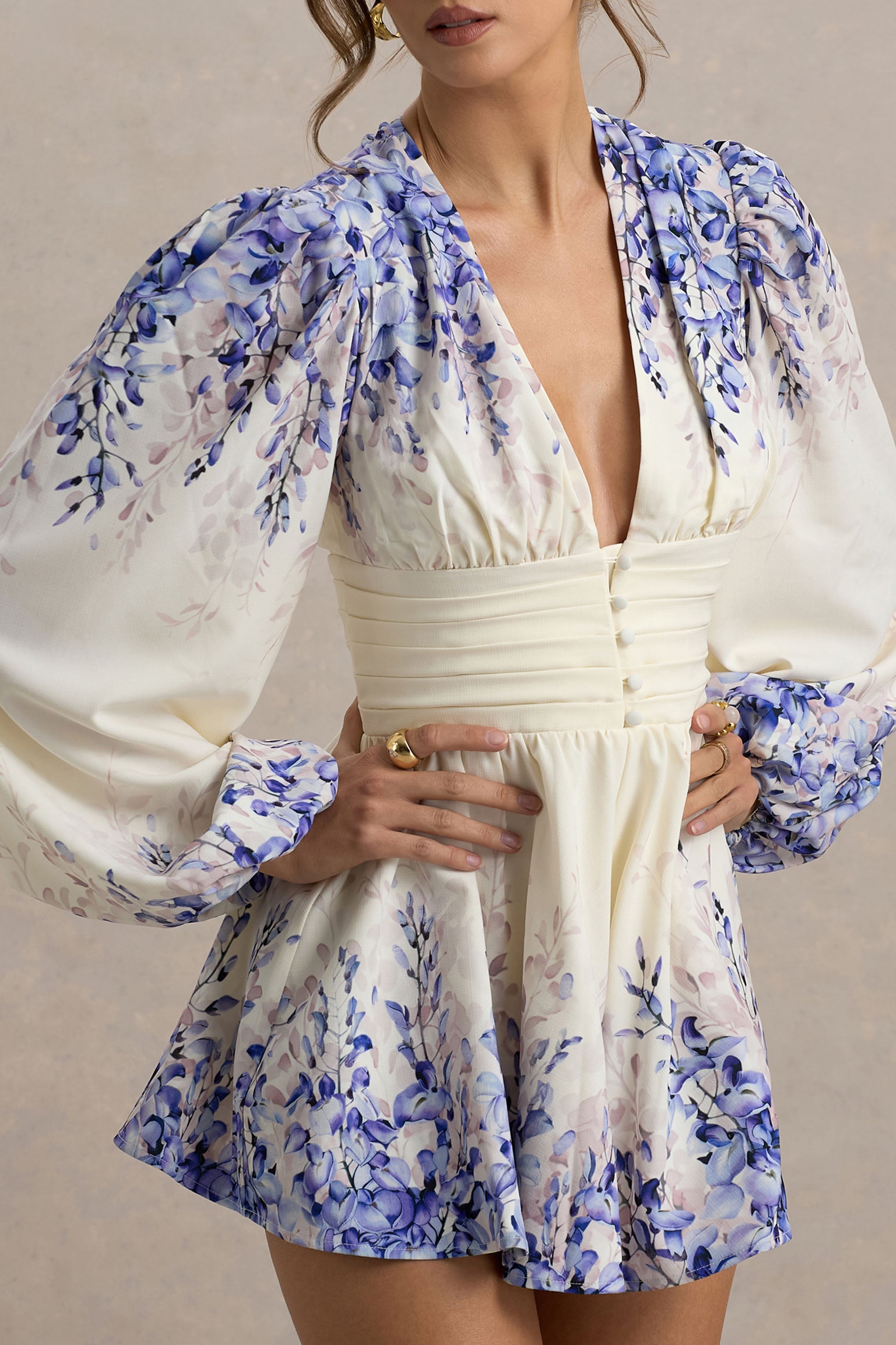 Nalla | Wisteria Print Linen Plunge-Neck Playsuit