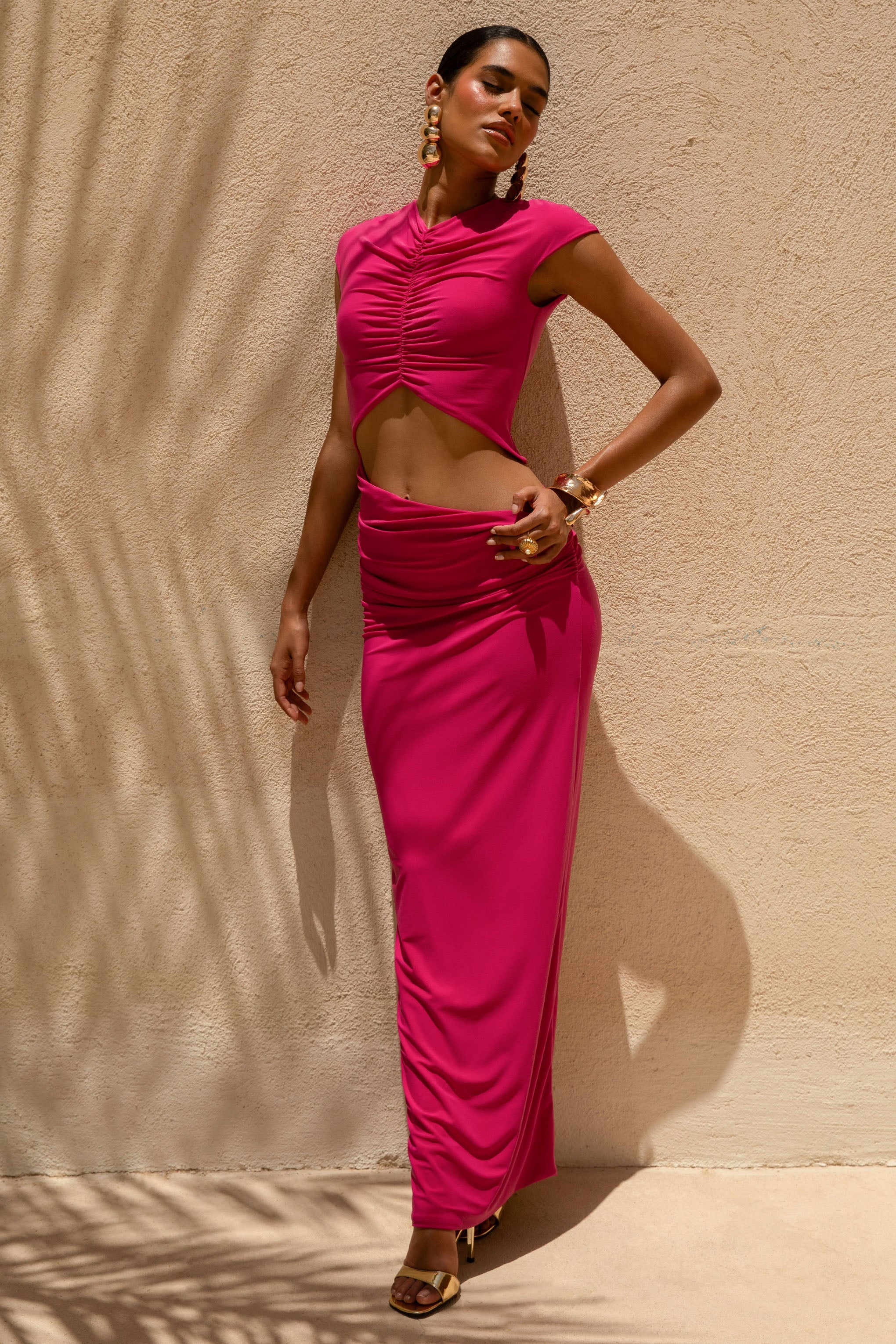 Pia | Hot Pink Short-Sleeve Maxi Dress With Cut-Out