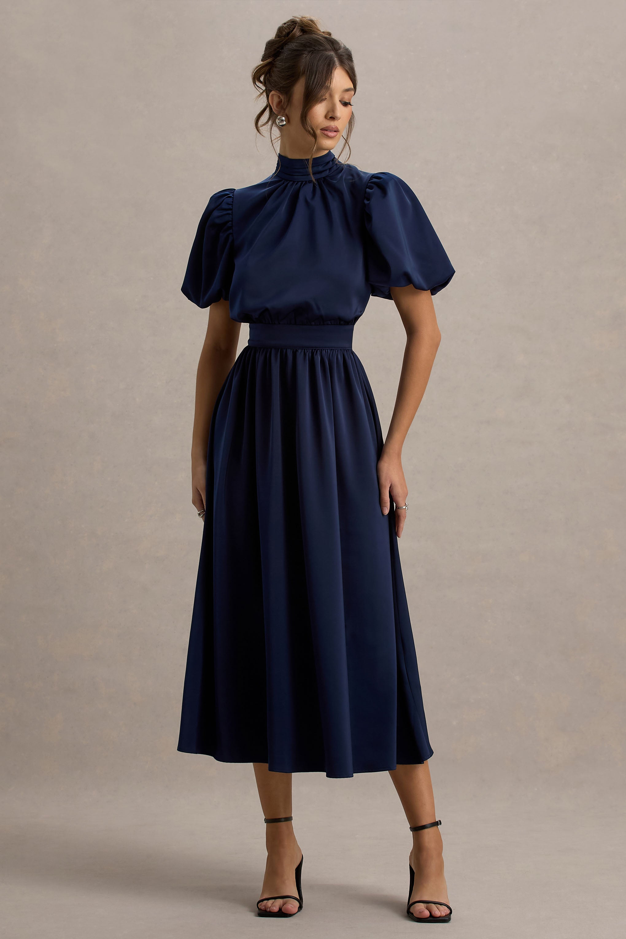 Persea | Navy Satin Puff-Sleeve Midi Dress With Bow