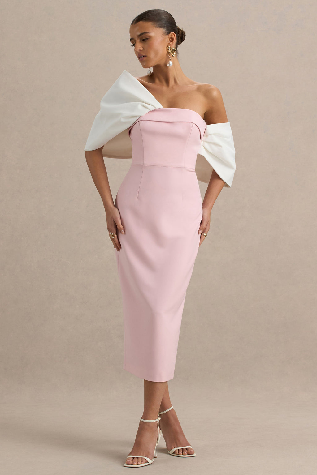 Lucille | Rose Pink & White Asymmetric Bardot Midi Dress