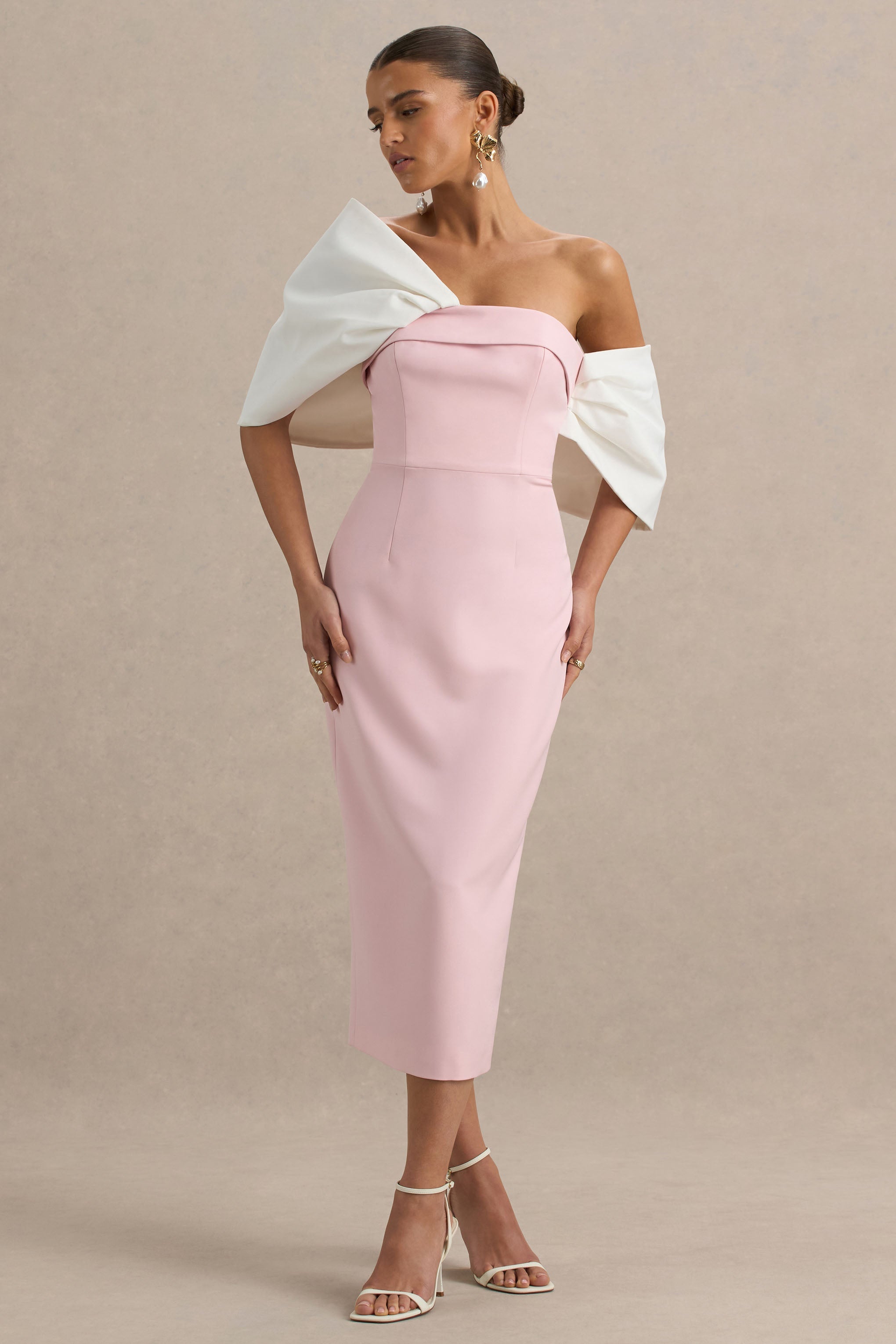 Lucille | Rose Pink & White Asymmetric Bardot Midi Dress