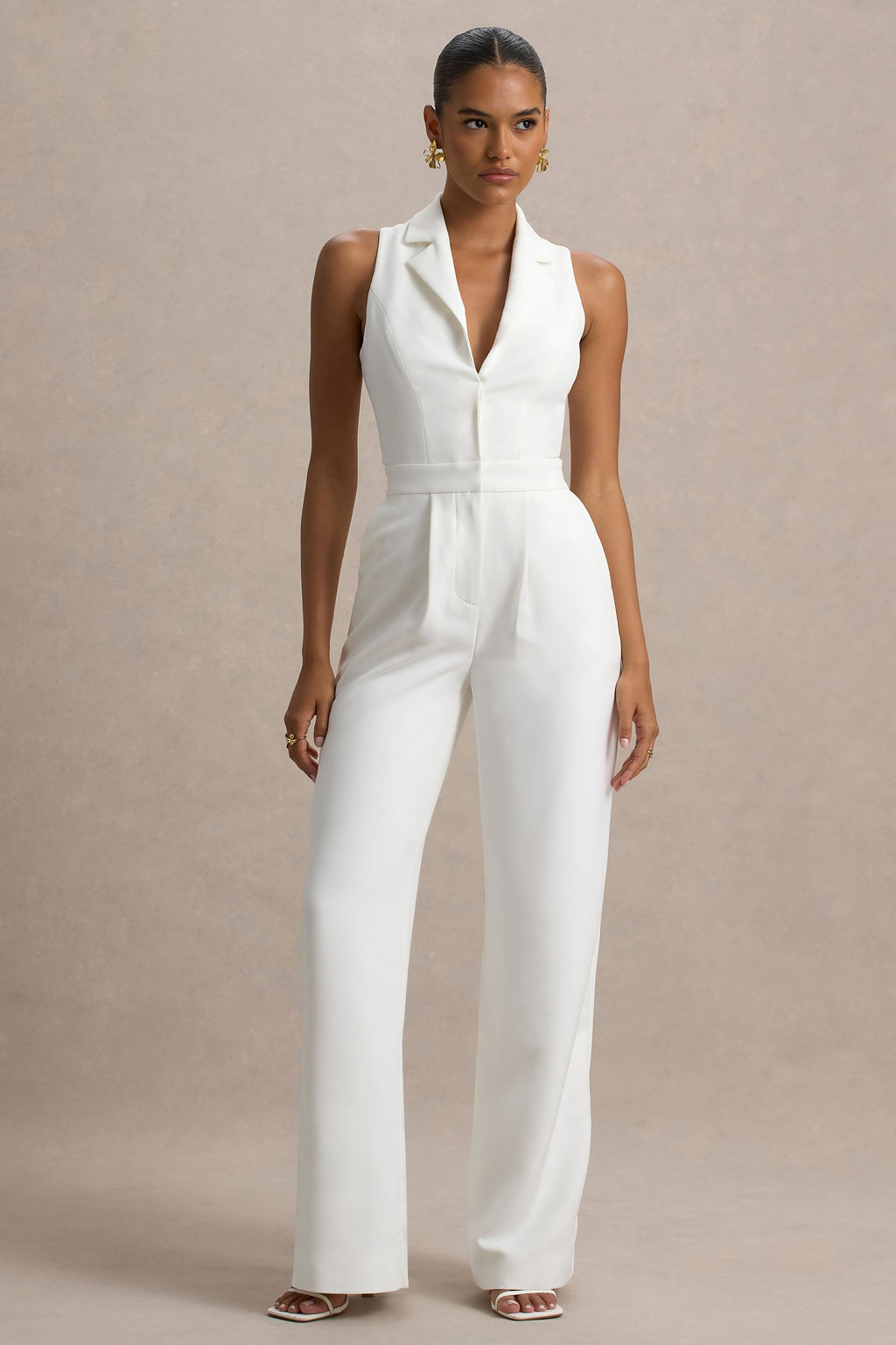 Trixie | White Plunge-Neck Tailored Jumpsuit